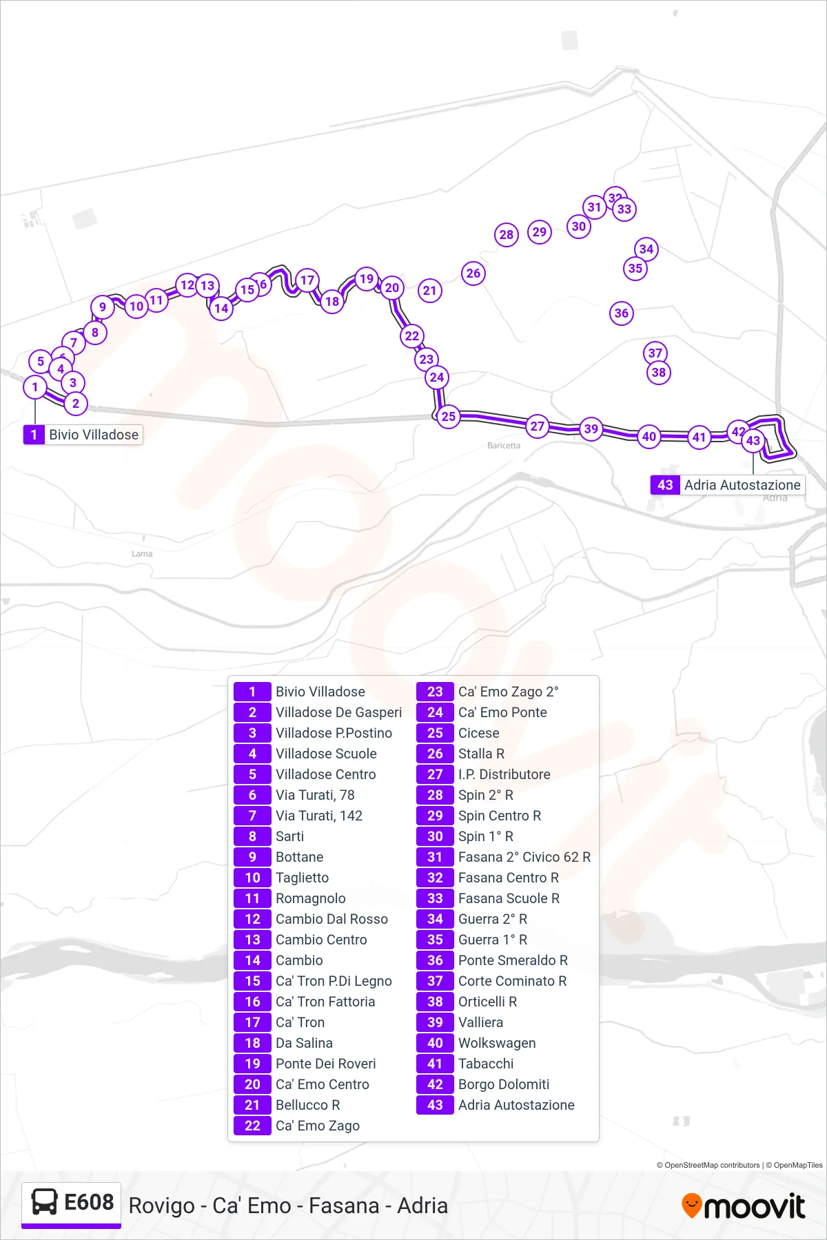 Linea E608 bus (Adria Autostazione) - Percorsi e fermate sulla mappa