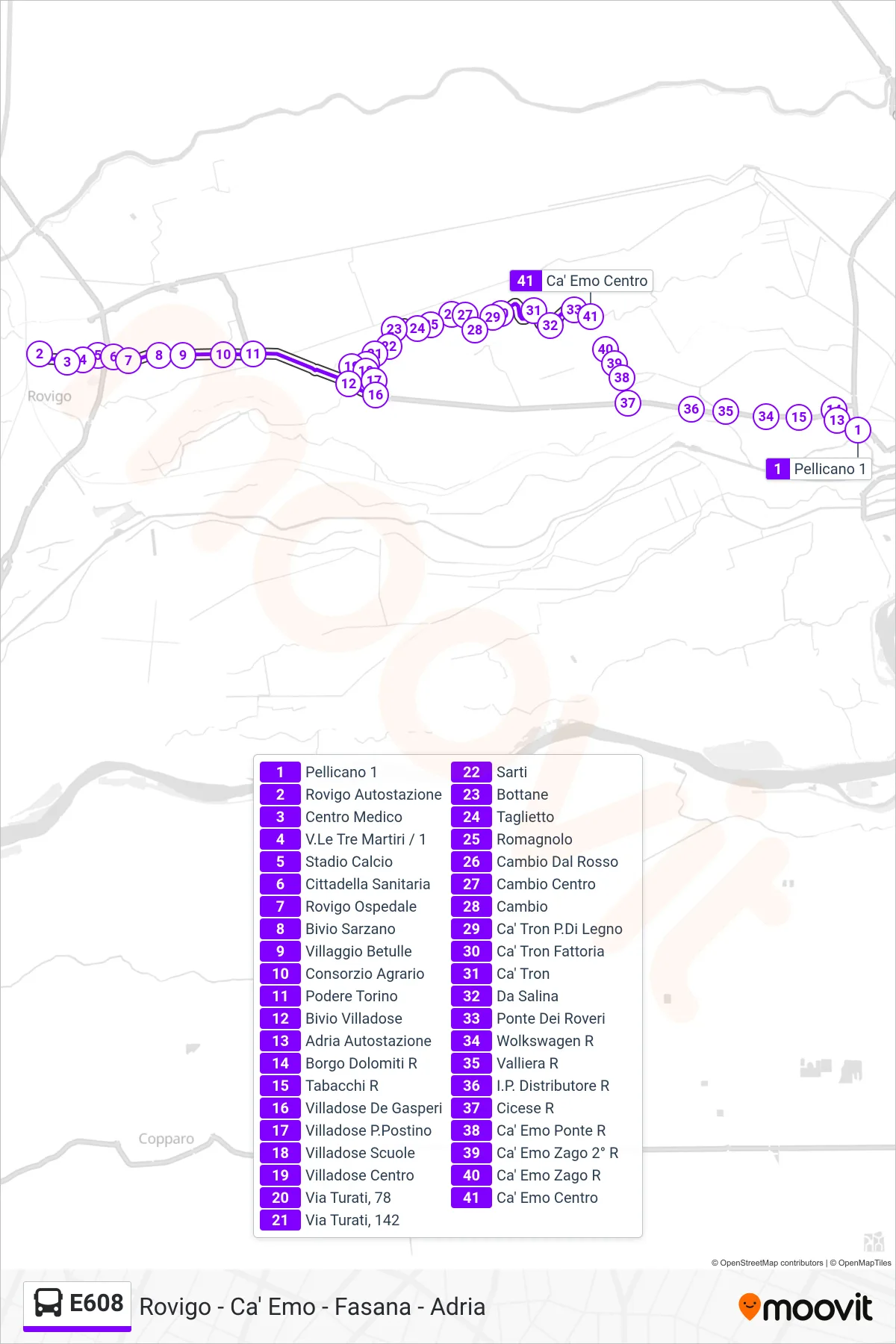 Linea E608  bus (Ca' Emo Centro) - Percorsi e fermate sulla mappa