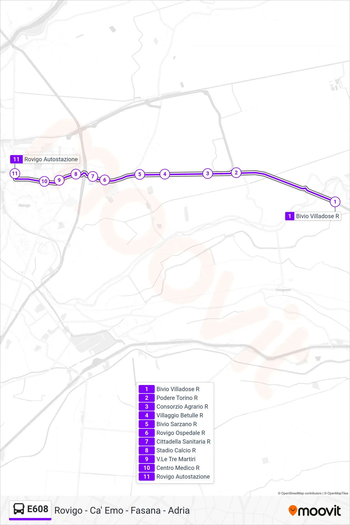 Linea E608 bus (Rovigo) - Percorsi e fermate sulla mappa