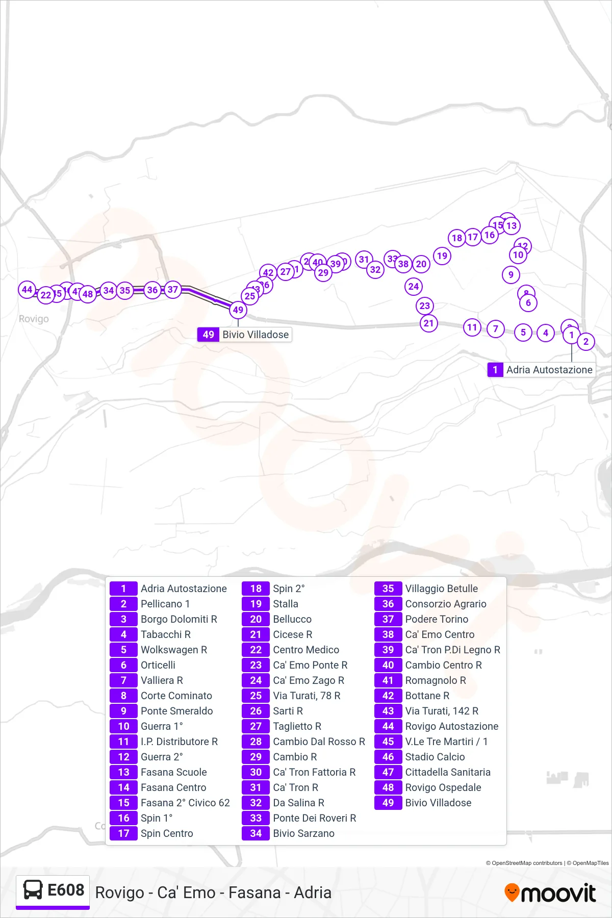 Linea E608 bus (Bivio Villadose) - Percorsi e fermate sulla mappa