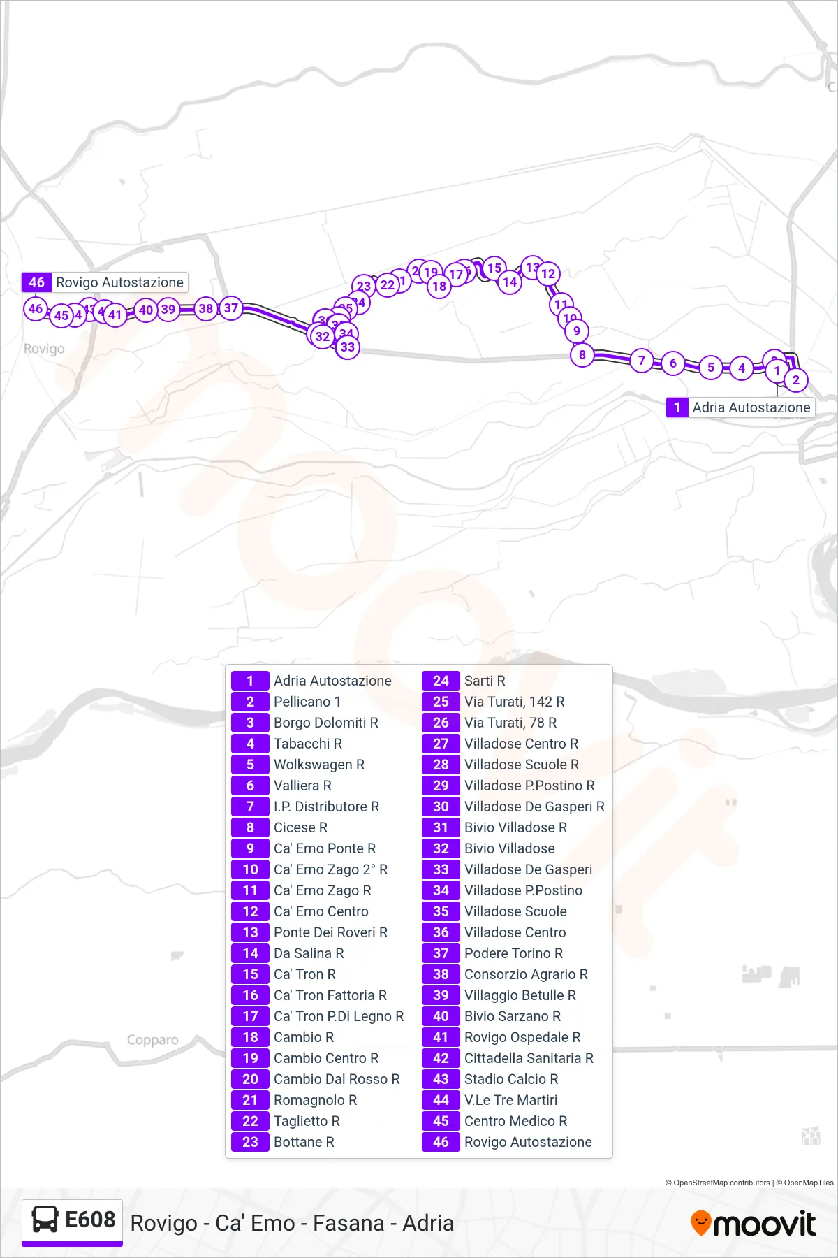 Linea E608 bus (Rovigo) - Percorsi e fermate sulla mappa