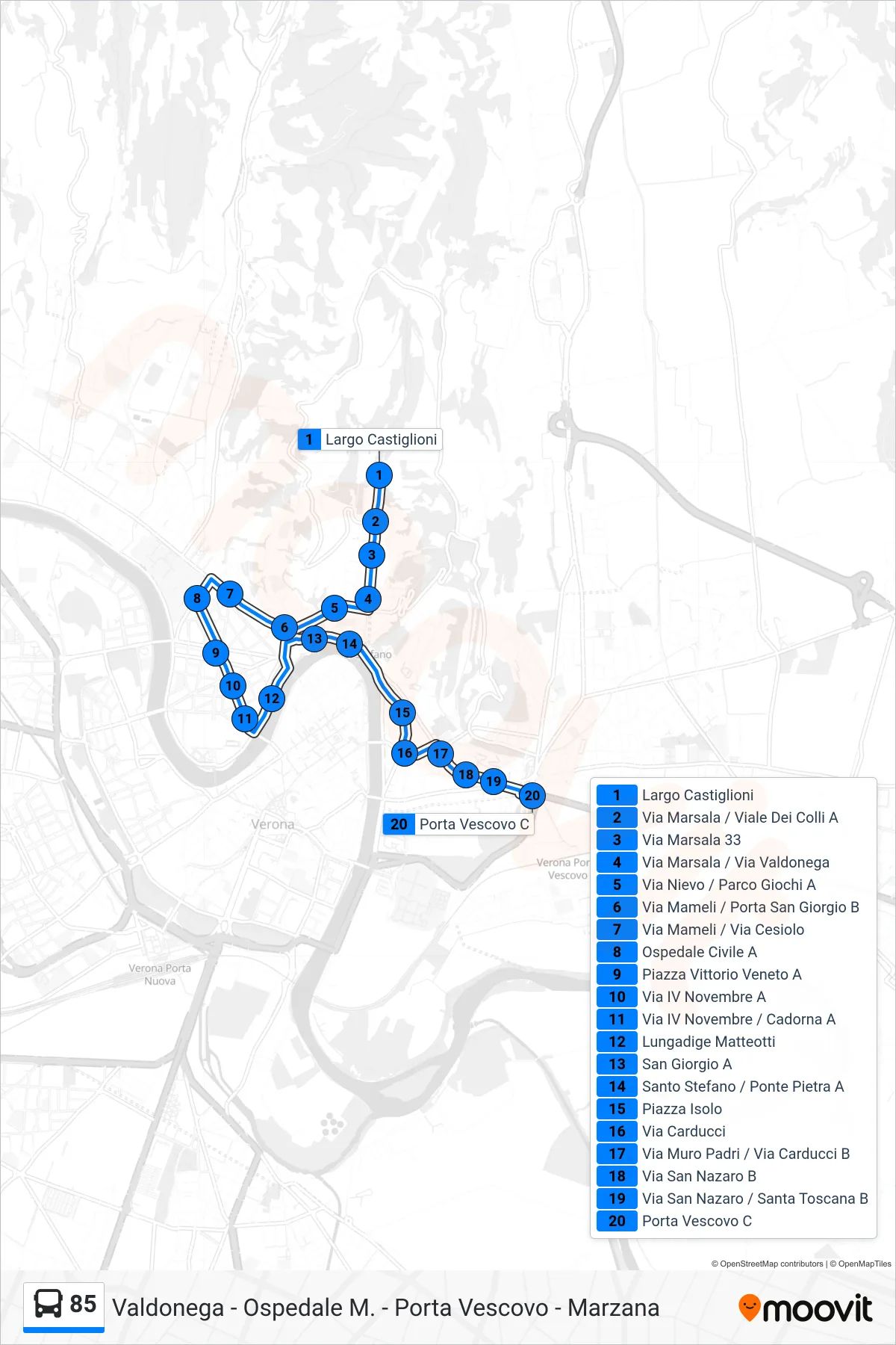 Linea 85  bus (Porta Vescovo) - Percorsi e fermate sulla mappa