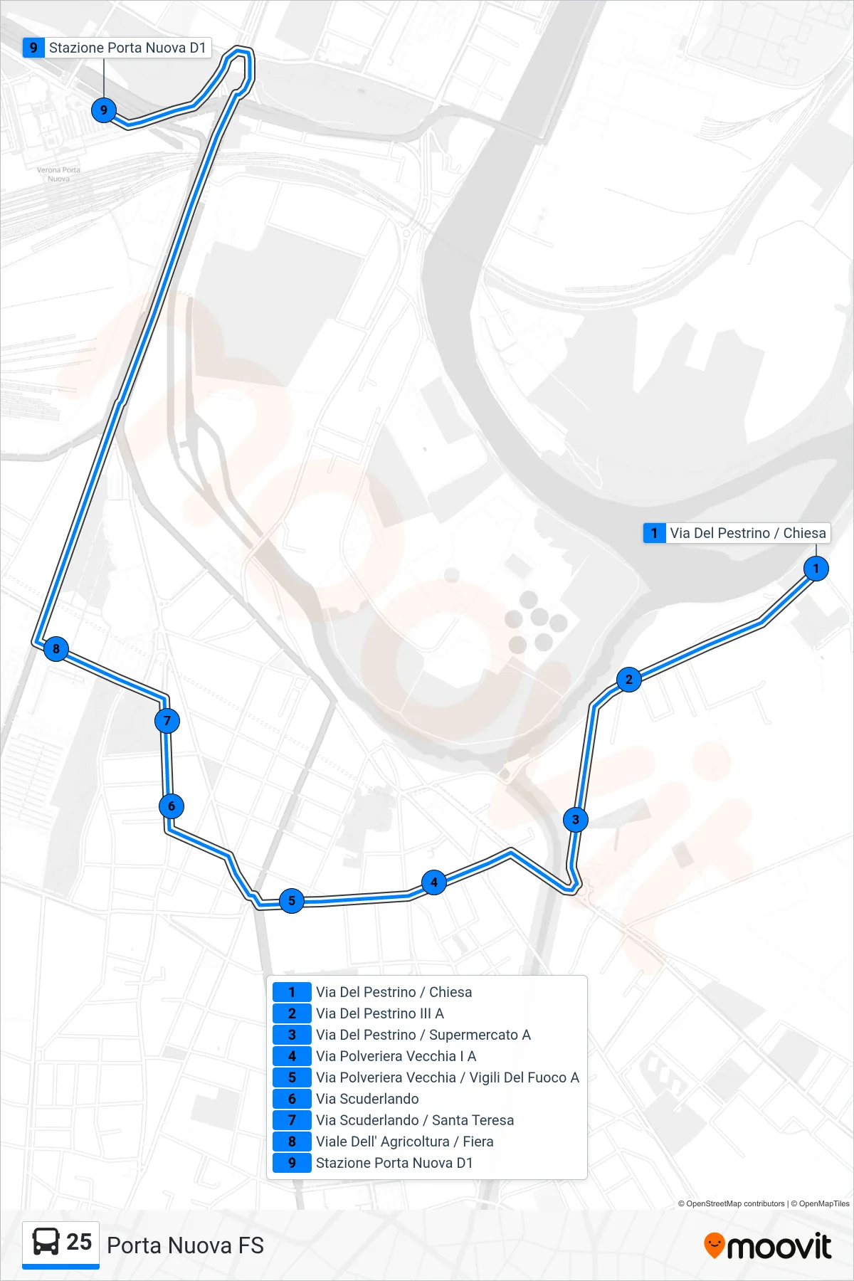 Linea 25 bus (Porta Nuova FS) - Percorsi e fermate sulla mappa