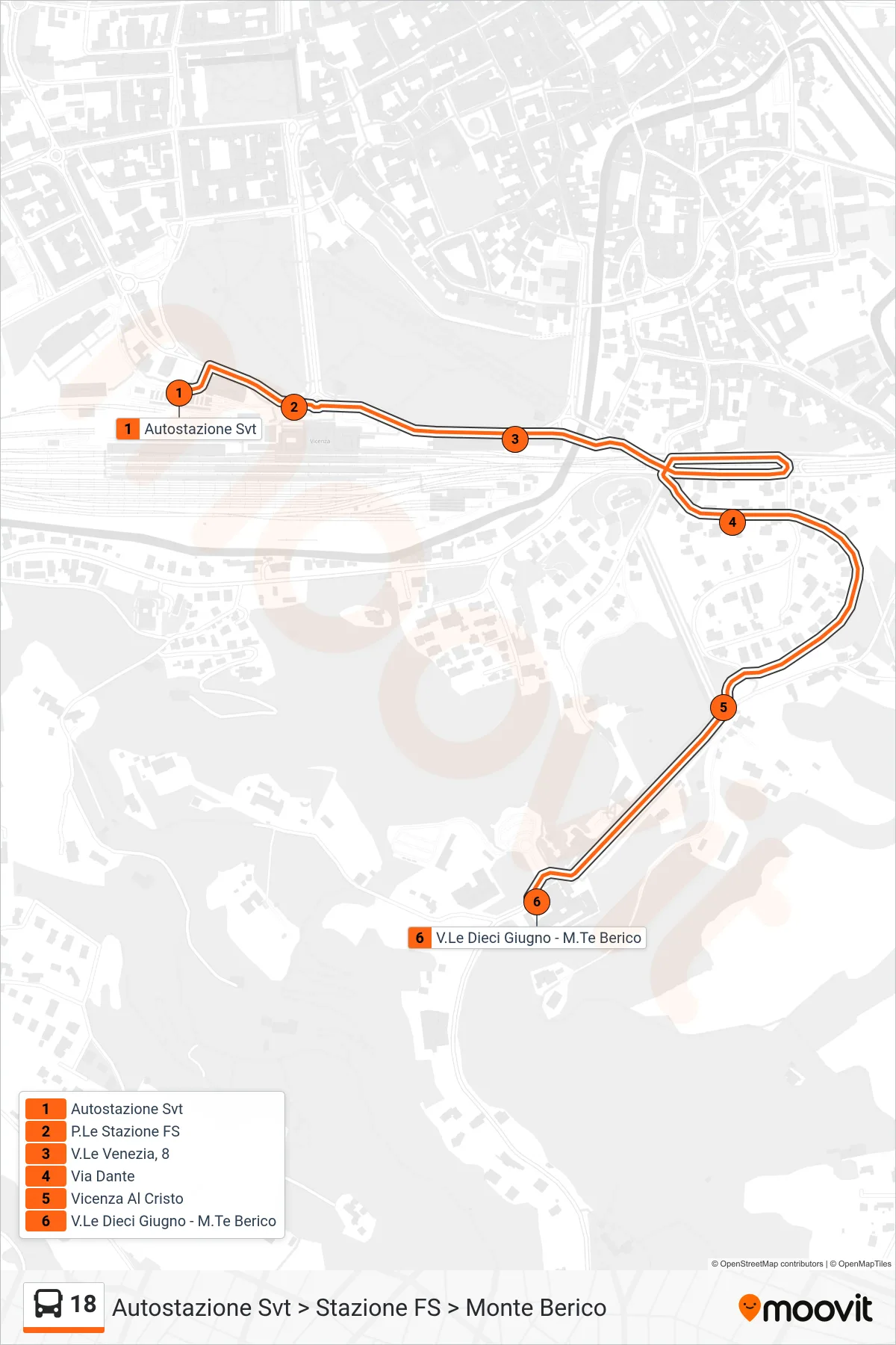 Linea 18  bus (Autostazione Svt > Stazione FS > Monte Berico) - Percorsi e fermate sulla mappa