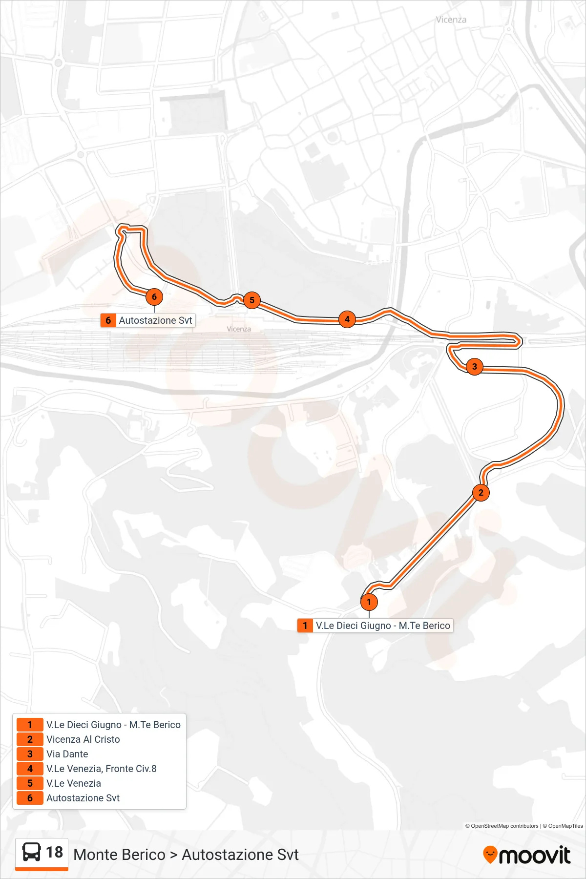 Linea 18 bus (Monte Berico > Autostazione Svt) - Percorsi e fermate sulla mappa