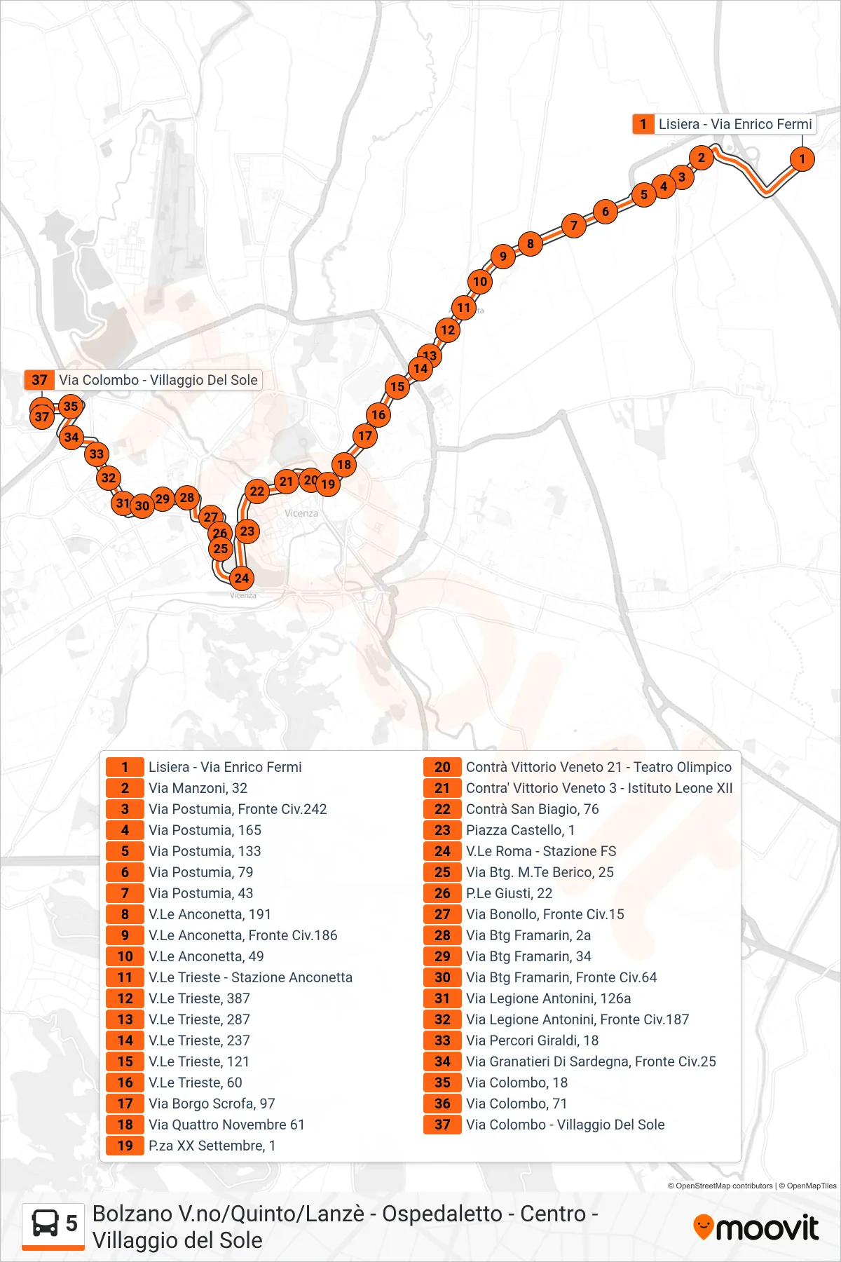Linea 5  bus (Lisiera > Villaggio Del Sole) - Percorsi e fermate sulla mappa