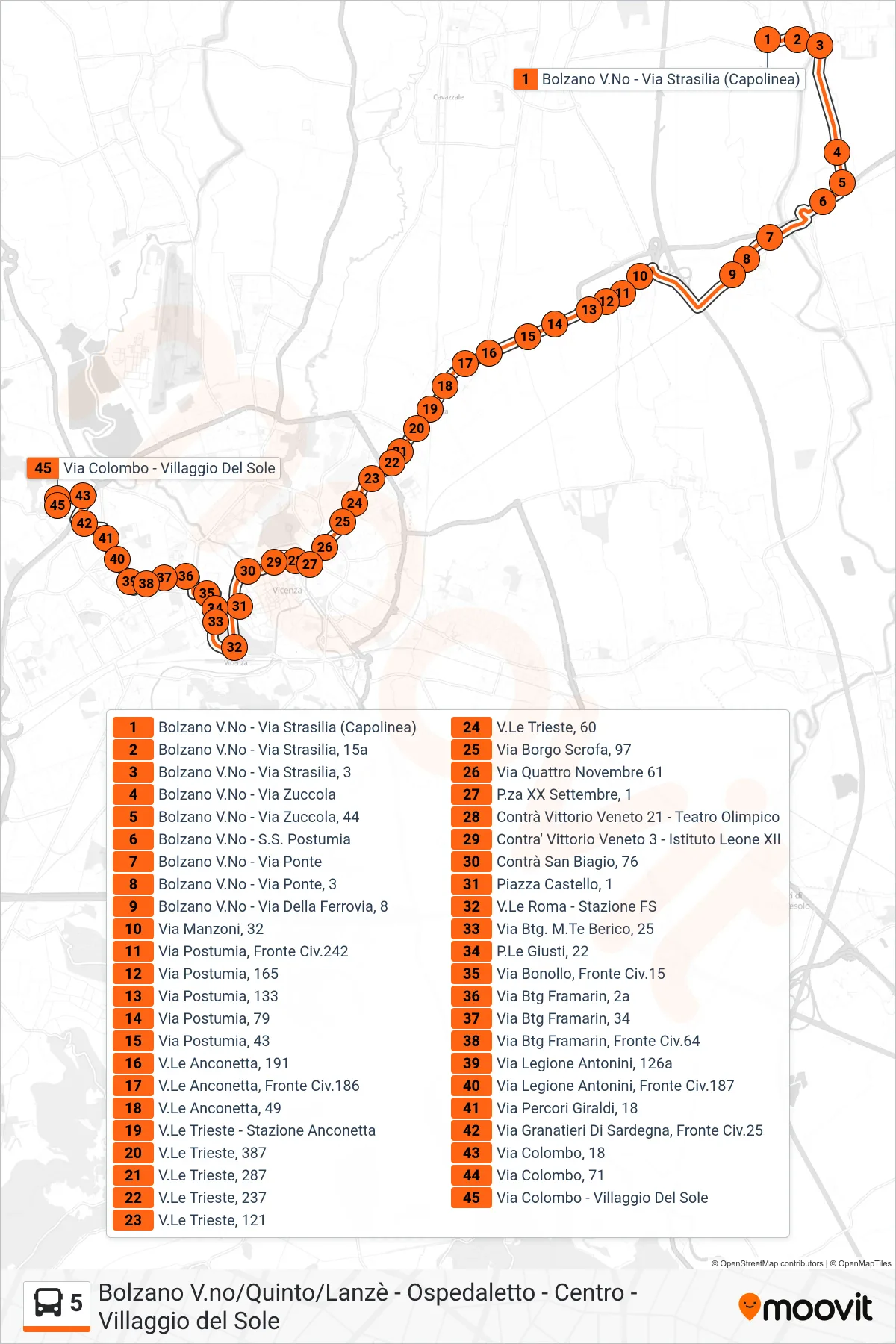 Linea 5 bus (Bolzano Vicentino > Villaggio Del Sole) - Percorsi e fermate sulla mappa