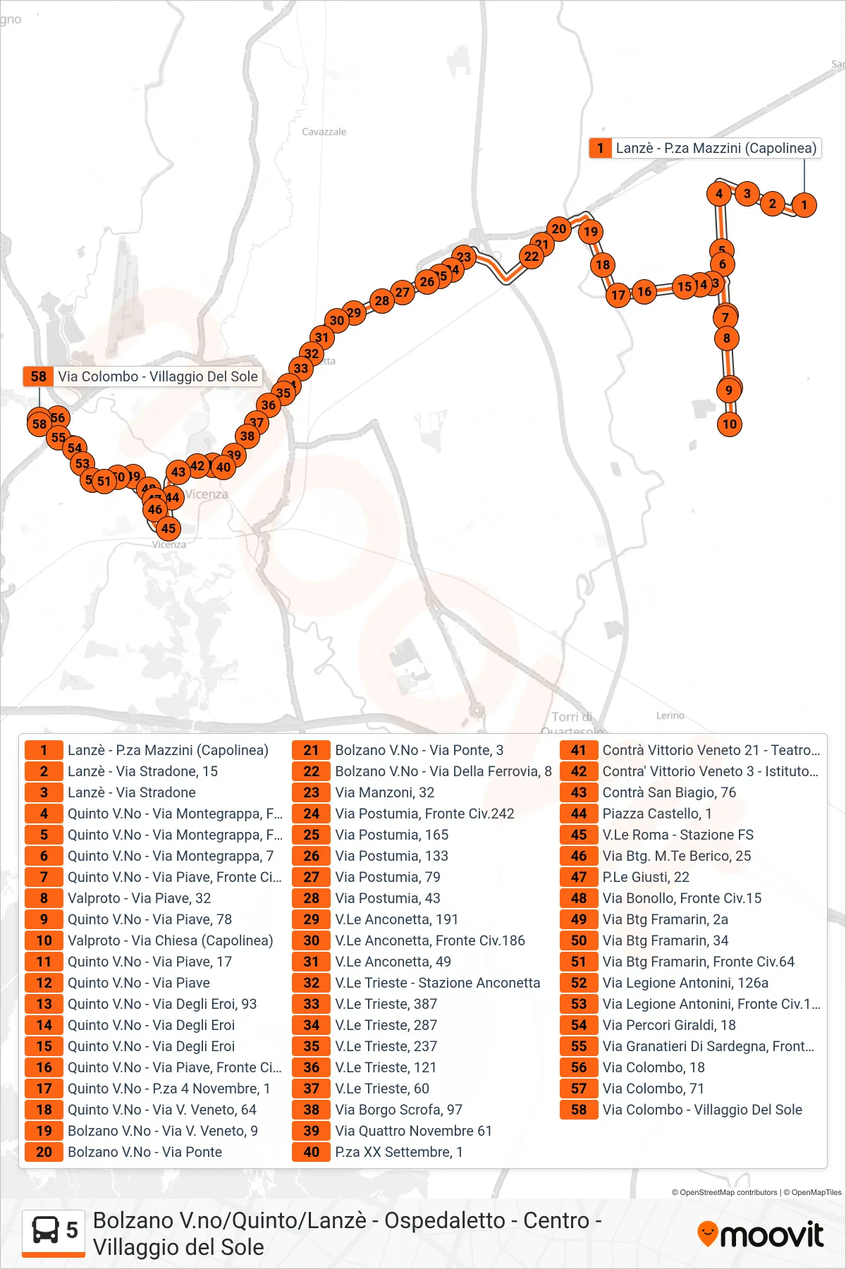 Linea 5 bus (Lanze' > Valproto > Villaggio Del Sole) - Percorsi e fermate sulla mappa