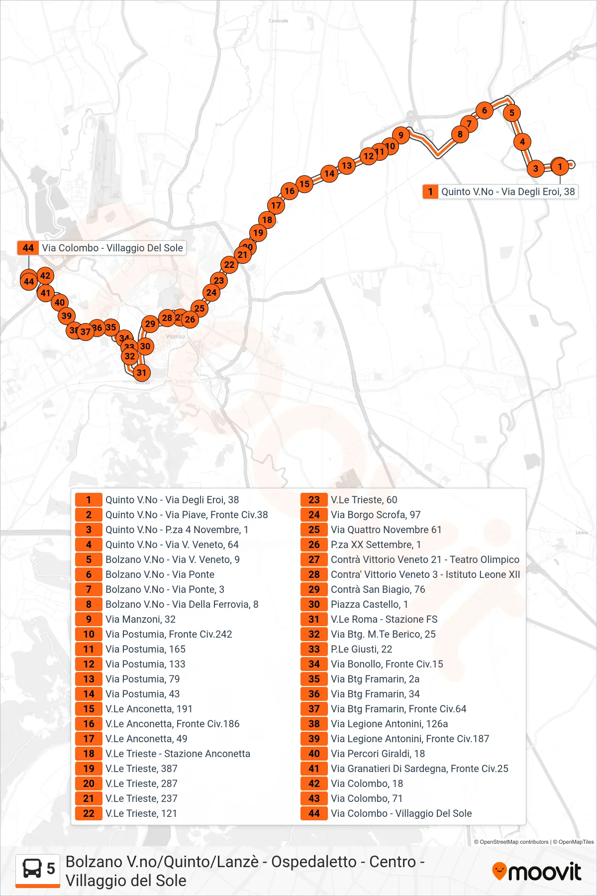 Linea 5 bus (Quinto Vicentino > Villaggio Del Sole) - Percorsi e fermate sulla mappa