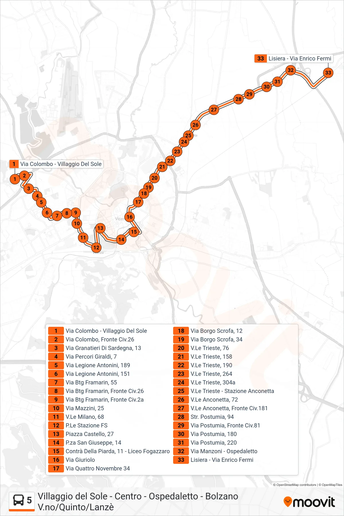 Linea 5  bus (Villaggio Del Sole > Lisiera) - Percorsi e fermate sulla mappa
