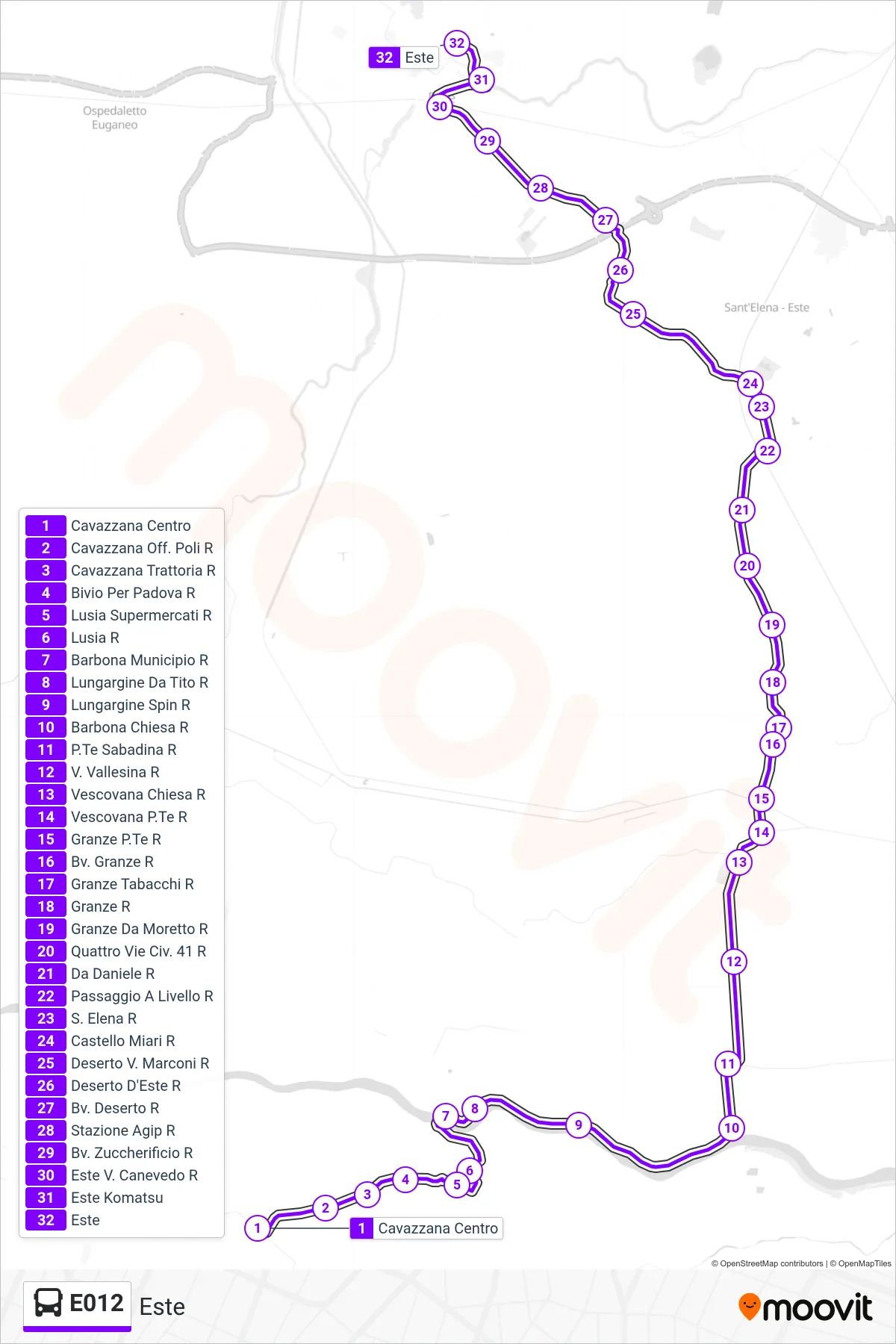 Linea E012  bus (Este) - Percorsi e fermate sulla mappa
