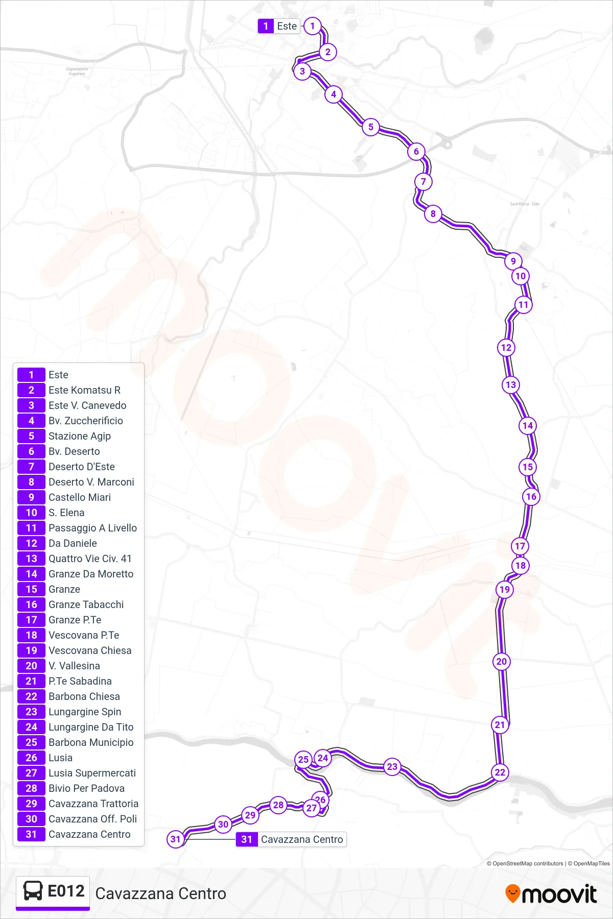 Linea E012  bus (Cavazzana Centro) - Percorsi e fermate sulla mappa