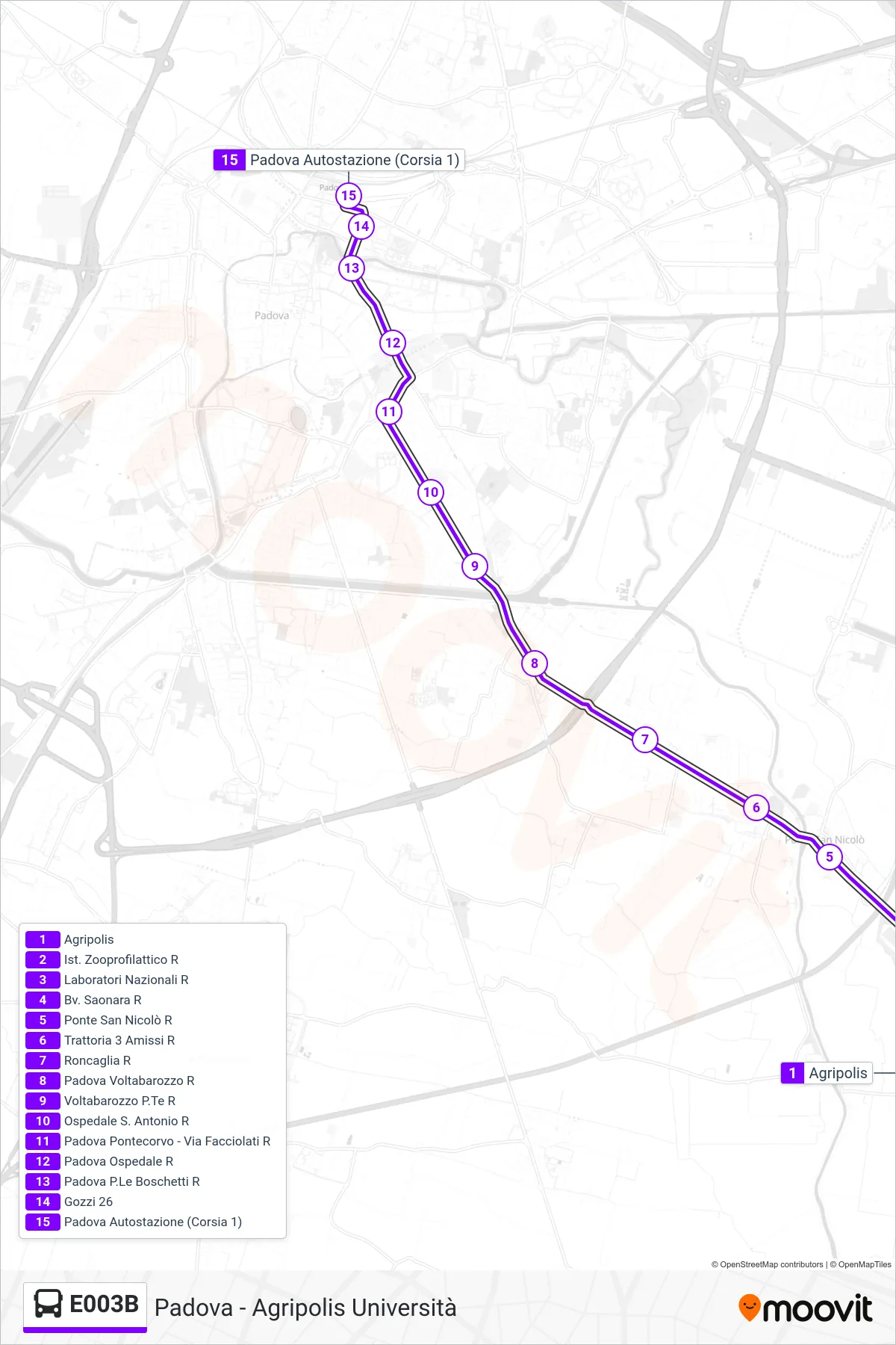 Linea E003B bus (Padova Autostazione) - Percorsi e fermate sulla mappa