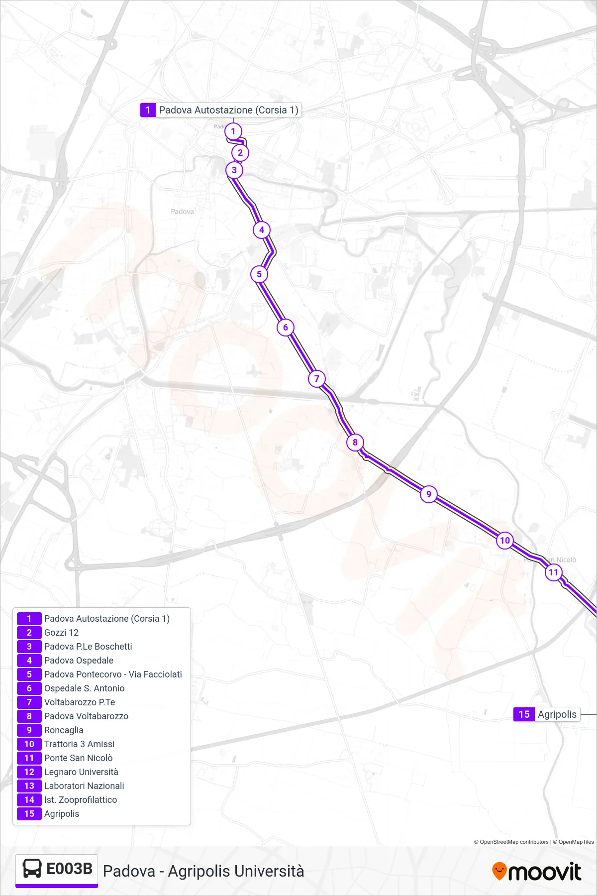 Linea E003B  bus (Agripolis Universita') - Percorsi e fermate sulla mappa