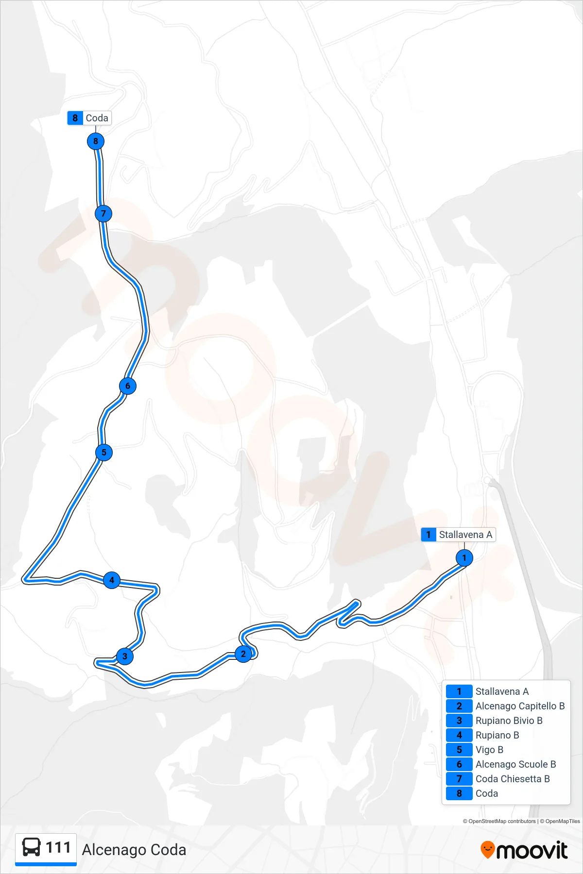 Linea 111 bus (Alcenago Coda) - Percorsi e fermate sulla mappa