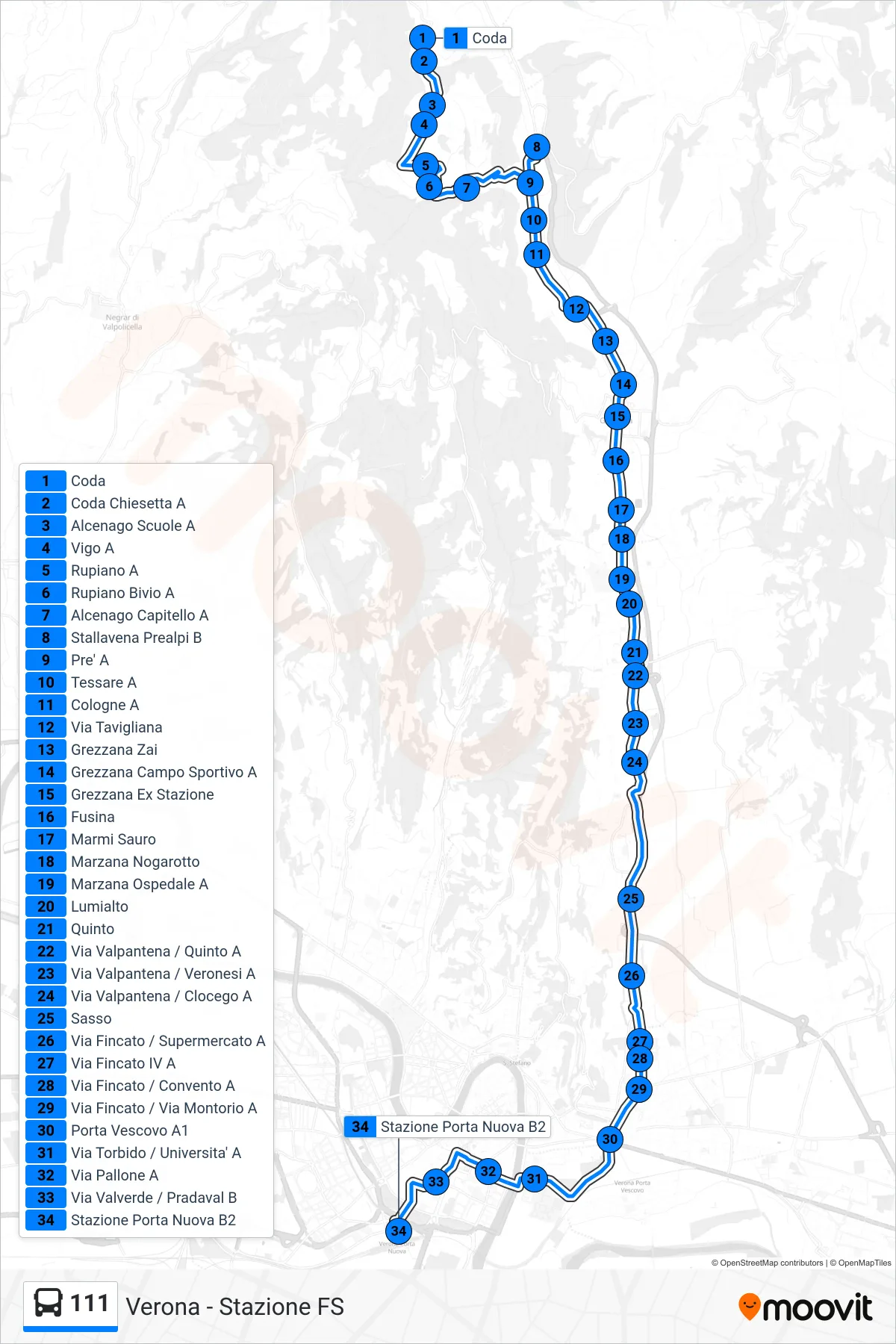 Linea 111 bus (Verona - Stazione FS) - Percorsi e fermate sulla mappa