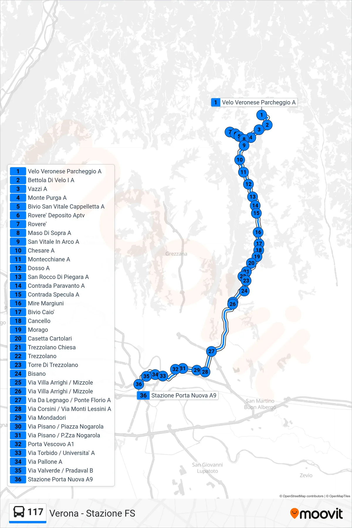 Linea 117 bus (Verona - Stazione FS) - Percorsi e fermate sulla mappa