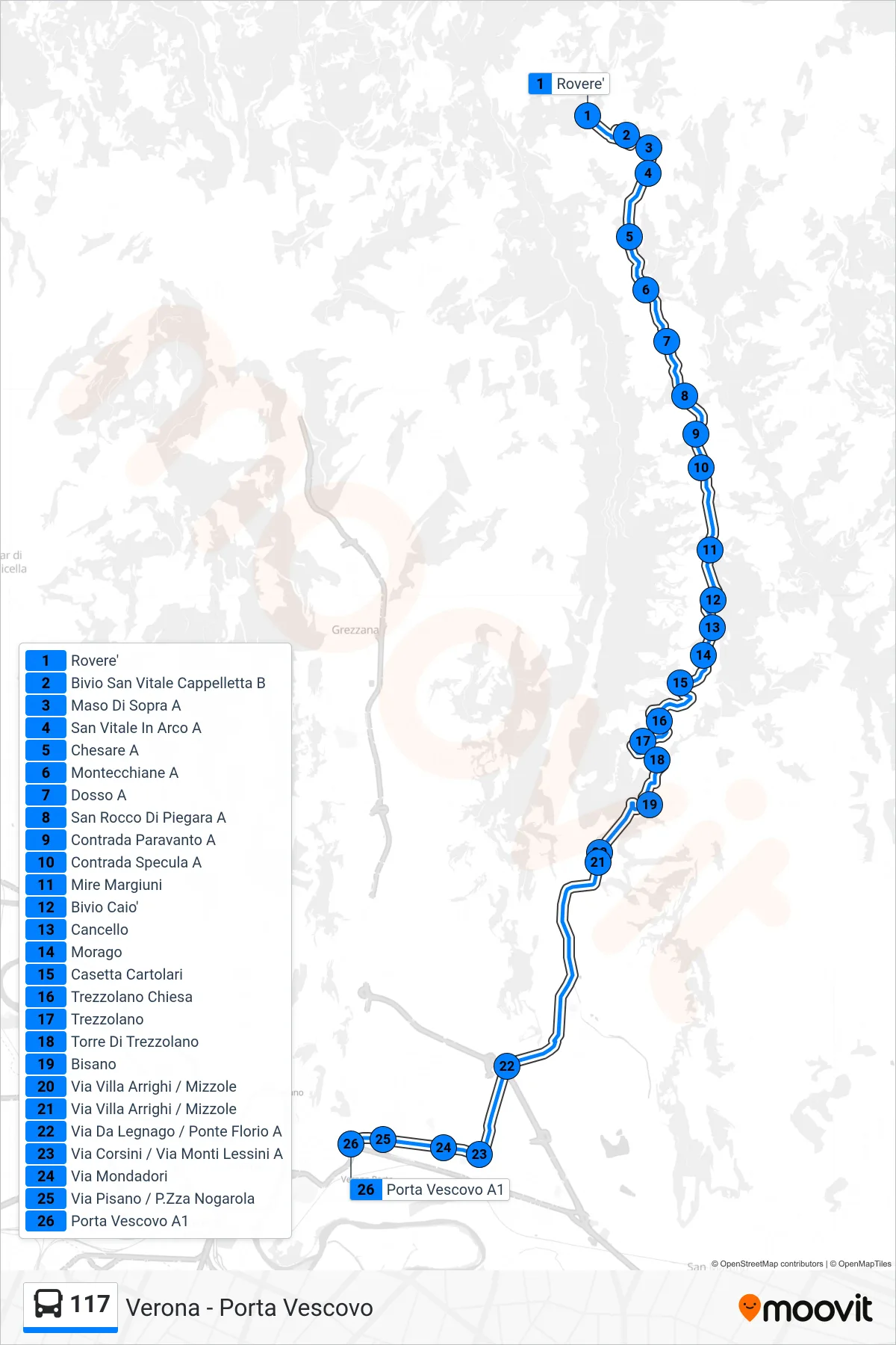 Linea 117  bus (Verona - Porta Vescovo) - Percorsi e fermate sulla mappa