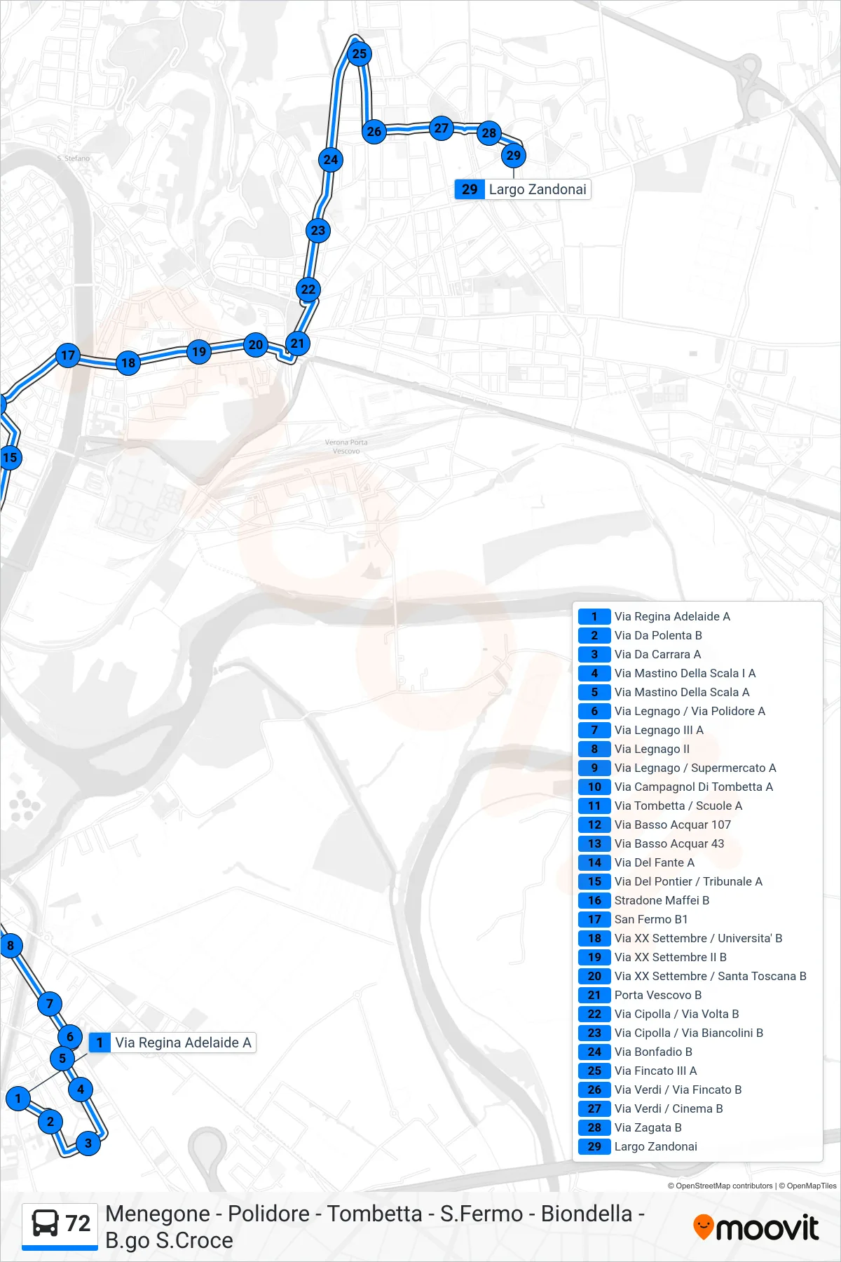 Linea 72  bus (L.Go Zandonai) - Percorsi e fermate sulla mappa