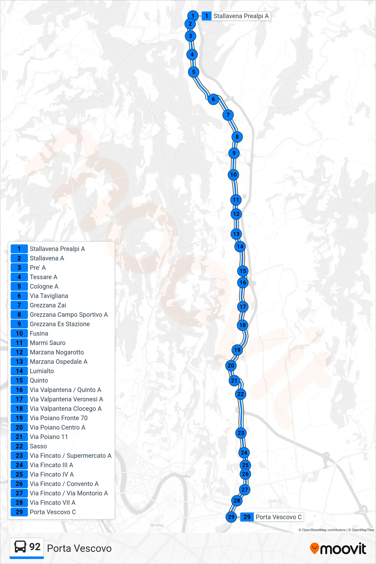 Linea 92 bus (Porta Vescovo) - Percorsi e fermate sulla mappa