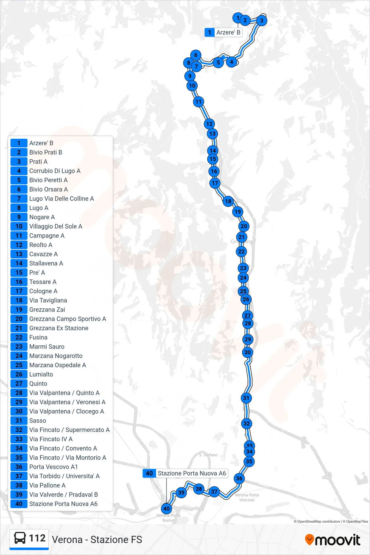 Linea 112 bus (Verona - Stazione FS) - Percorsi e fermate sulla mappa