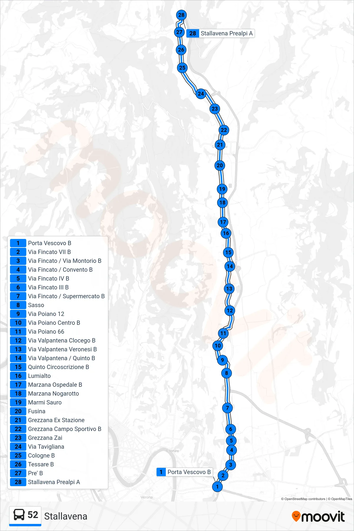 Linea 52 bus (Stallavena) - Percorsi e fermate sulla mappa