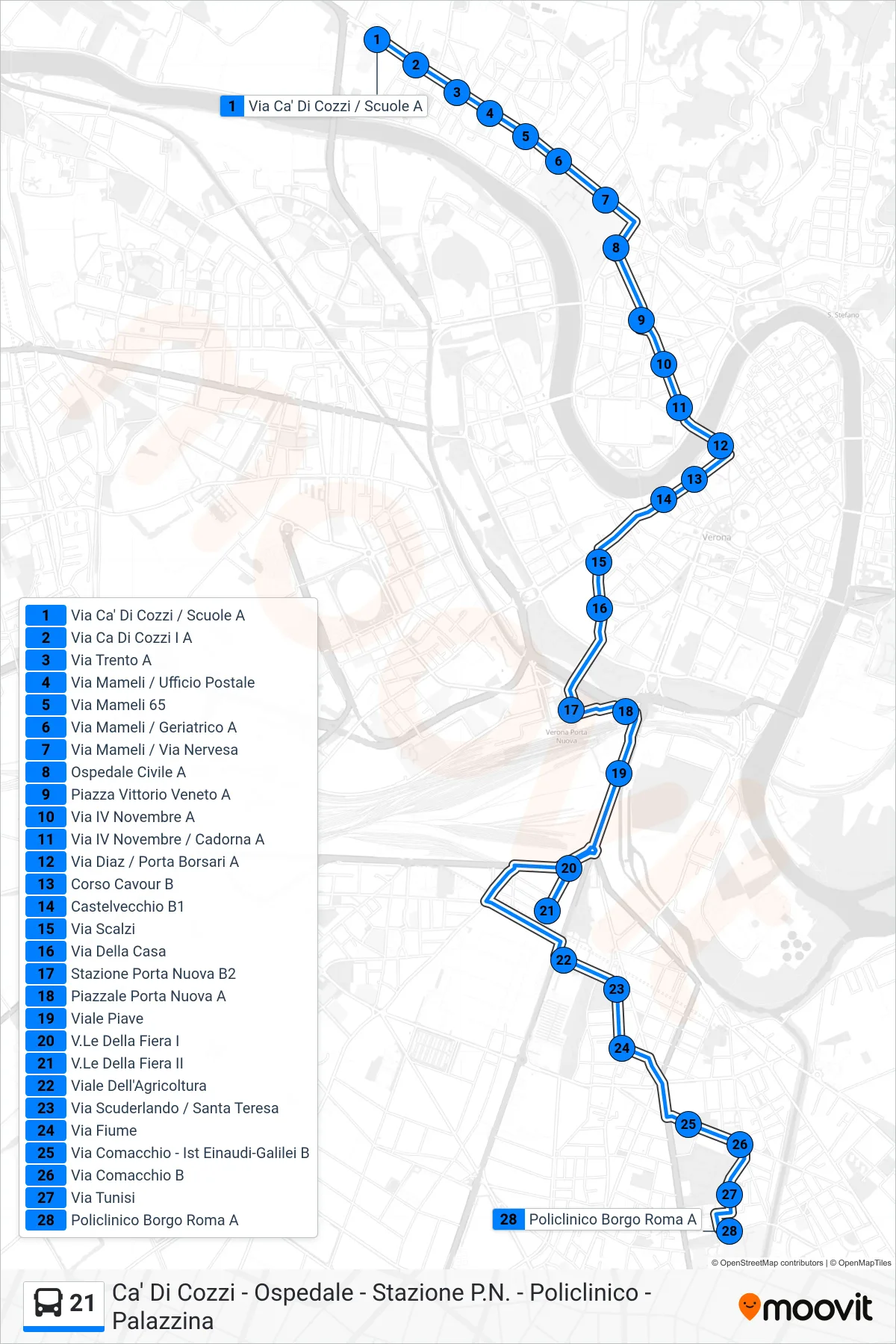 Linea 21 bus (Policlinico) - Percorsi e fermate sulla mappa