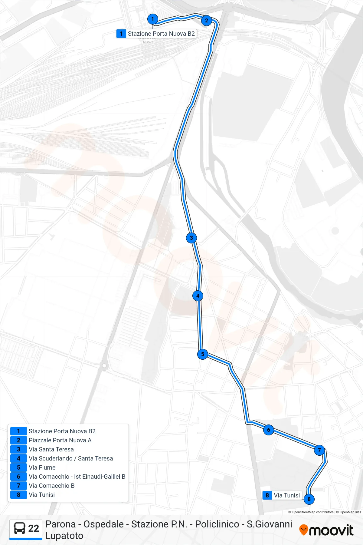 Linea 22 bus (Policlinico) - Percorsi e fermate sulla mappa