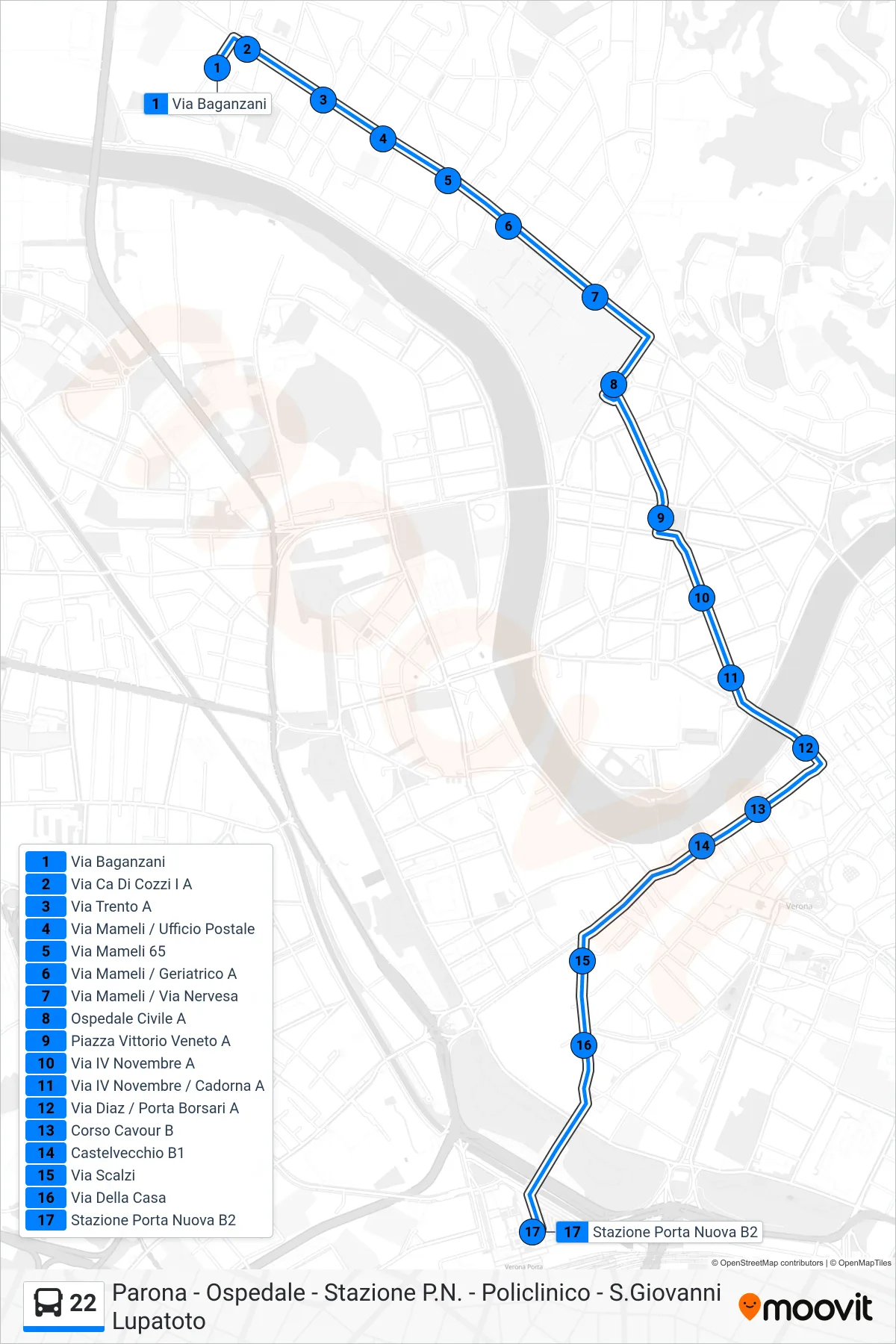 Linea 22  bus (Porta Nuova FS) - Percorsi e fermate sulla mappa