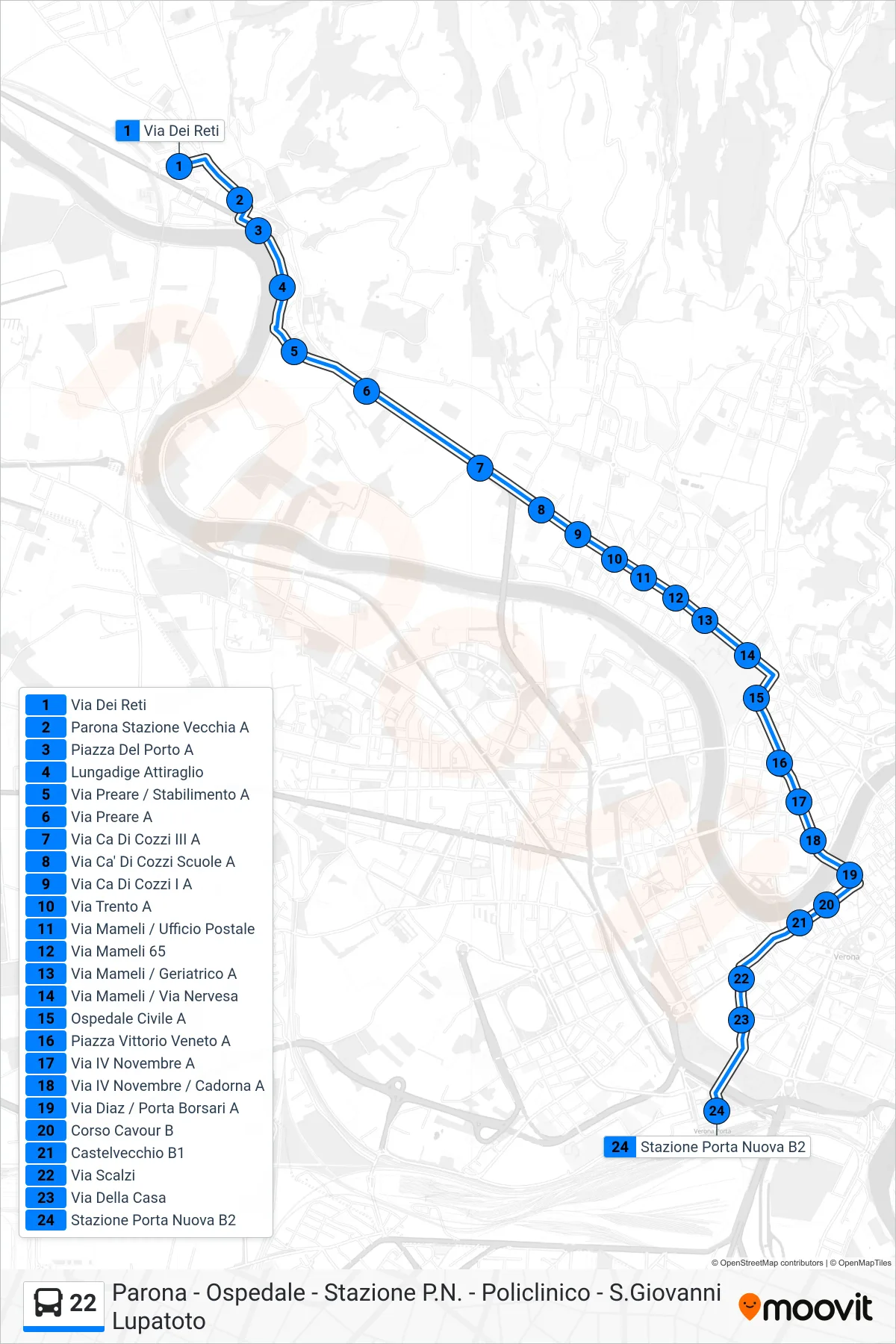 Linea 22 bus (Porta Nuova FS) - Percorsi e fermate sulla mappa