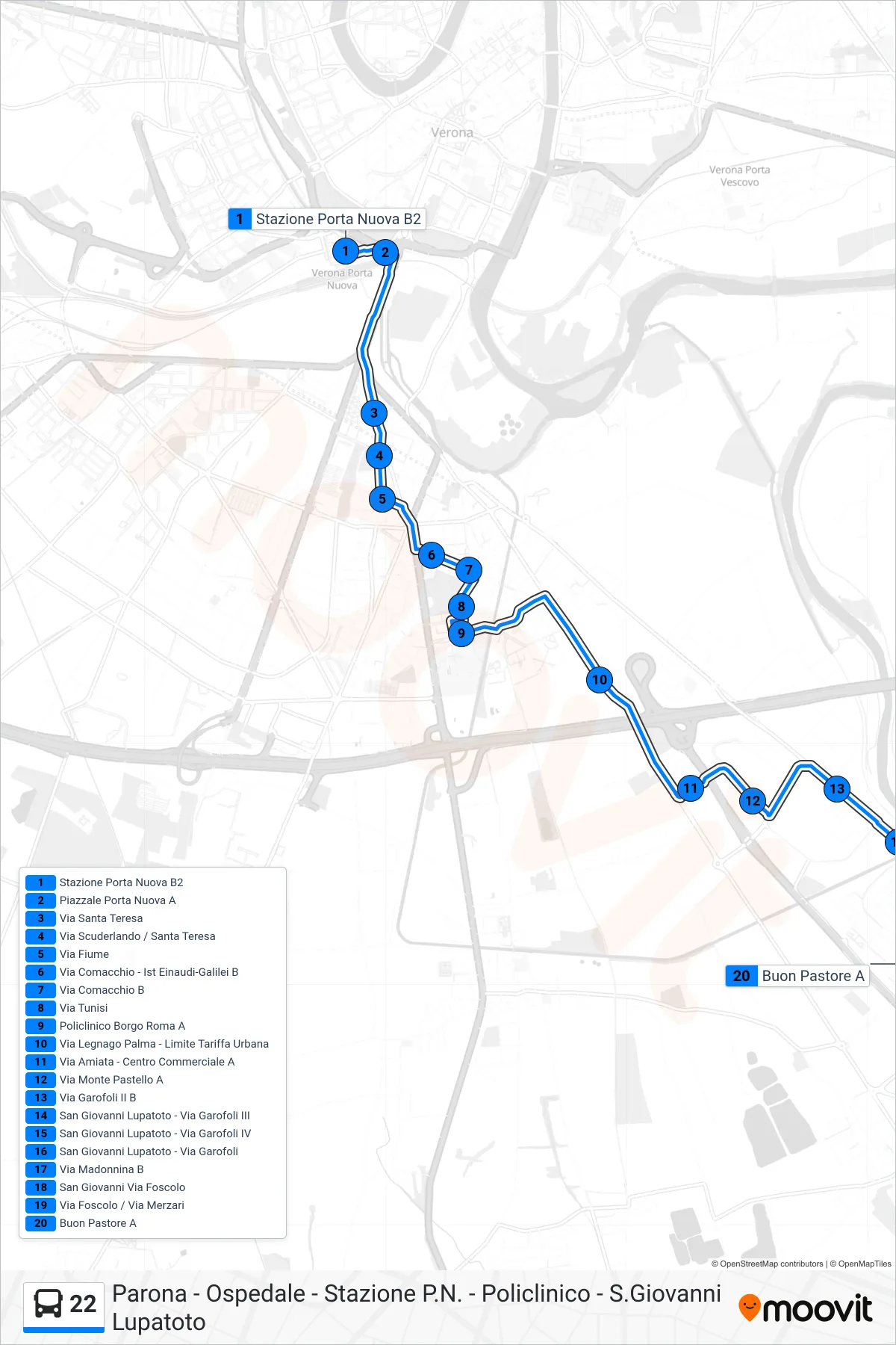 Linea 22  bus (S.Giovanni Lupatoto) - Percorsi e fermate sulla mappa