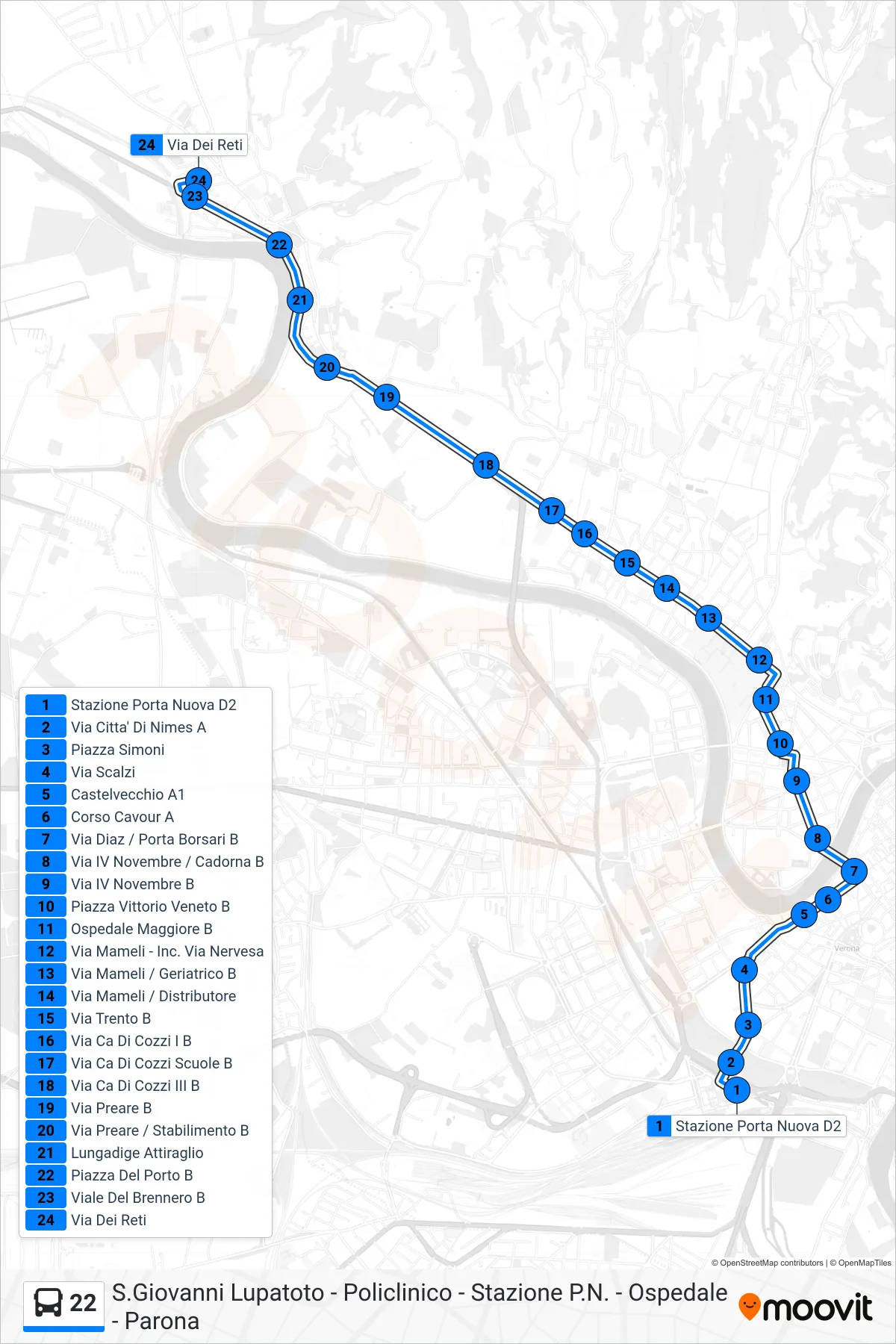 Linea 22 bus (Parona) - Percorsi e fermate sulla mappa