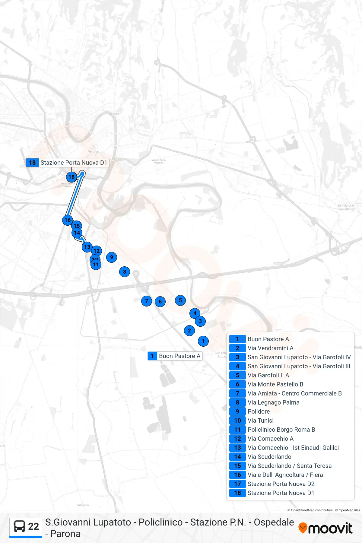Linea 22  bus (Porta Nuova FS) - Percorsi e fermate sulla mappa