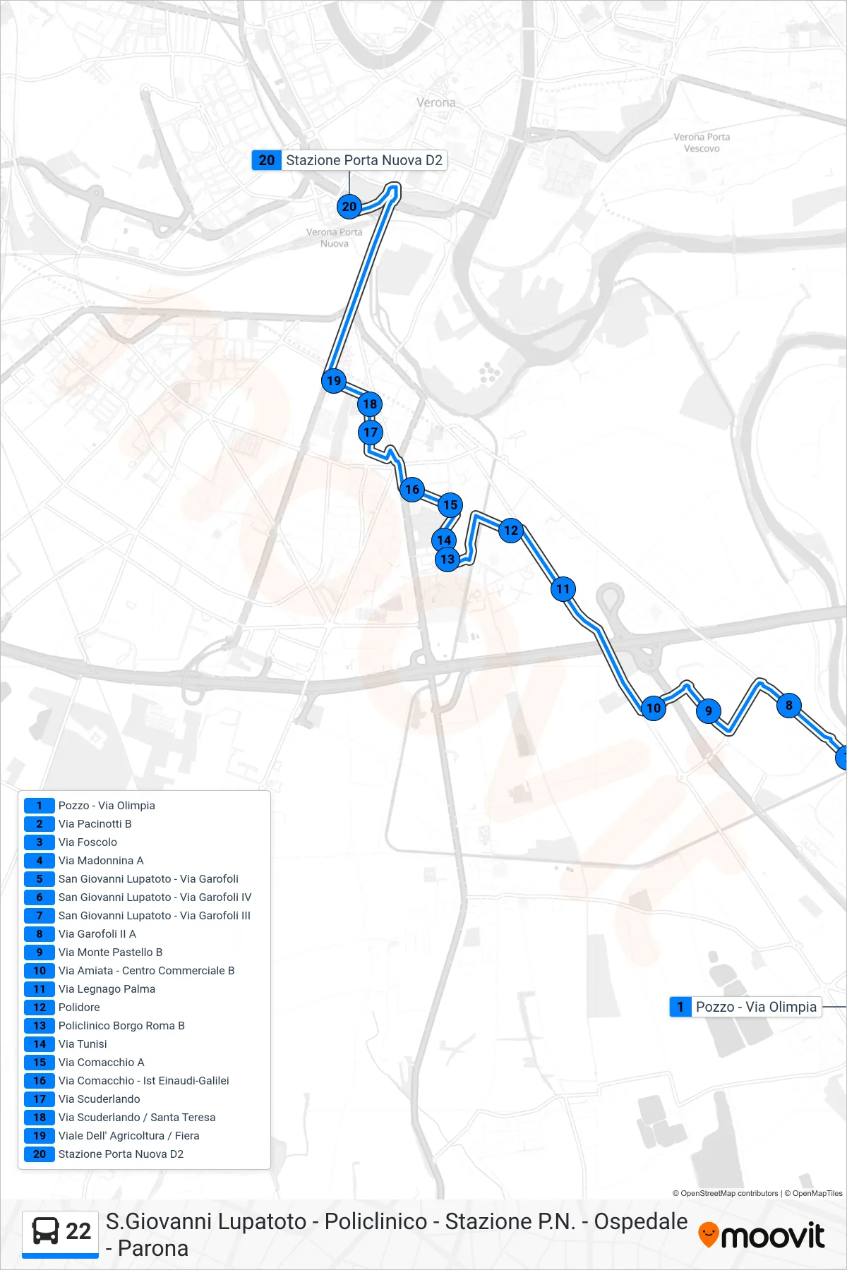 Linea 22  bus (Porta Nuova FS) - Percorsi e fermate sulla mappa
