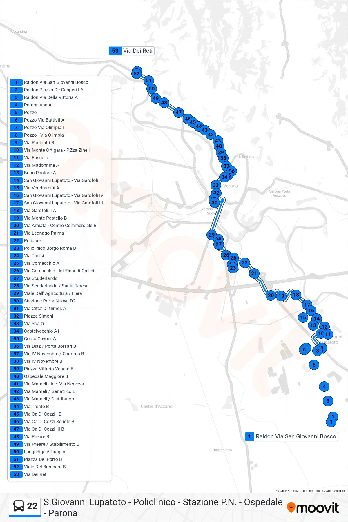 Linea 22  bus (Parona) - Percorsi e fermate sulla mappa