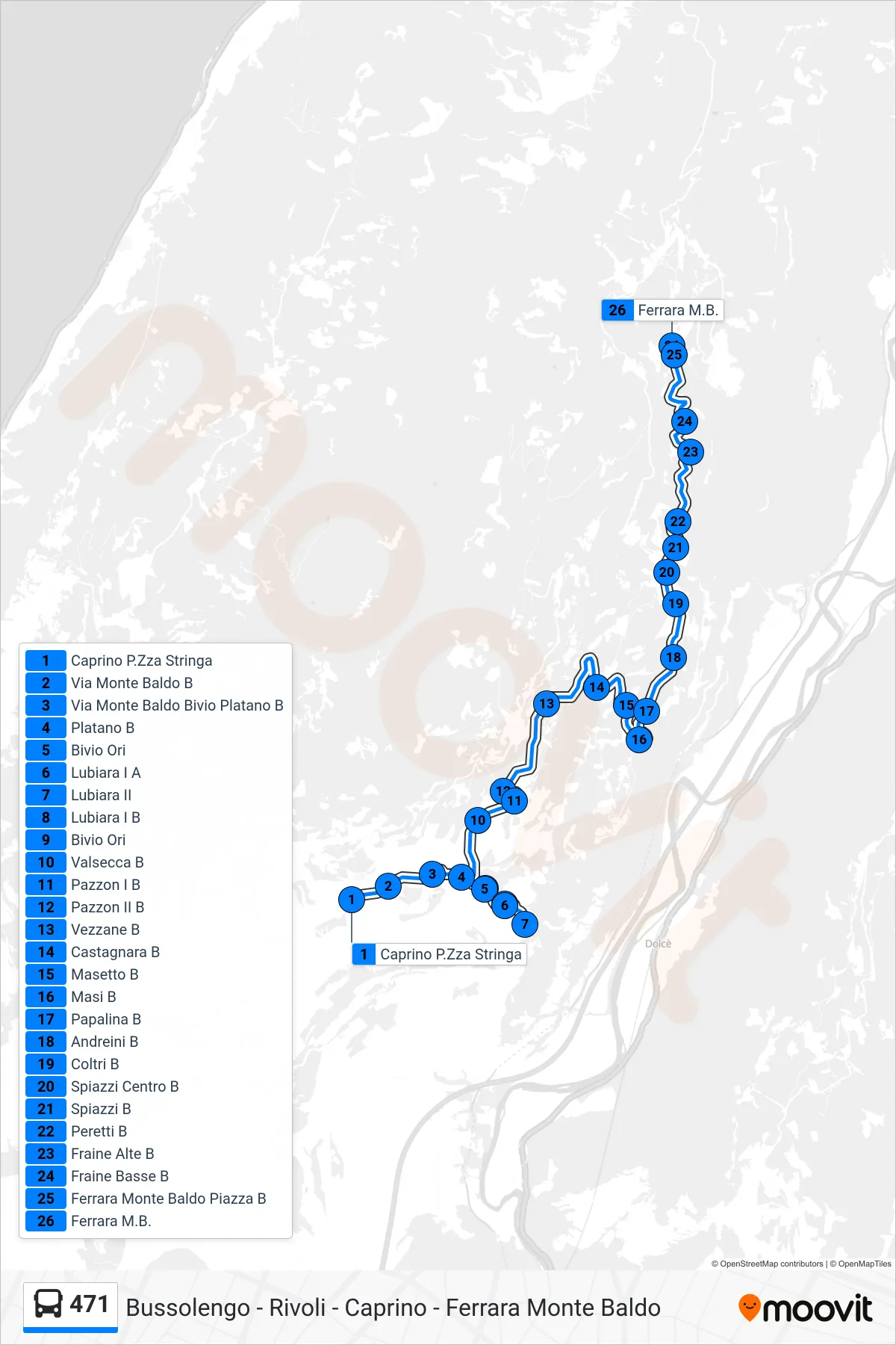 Linea 471 bus (Ferrara Di Monte Baldo) - Percorsi e fermate sulla mappa