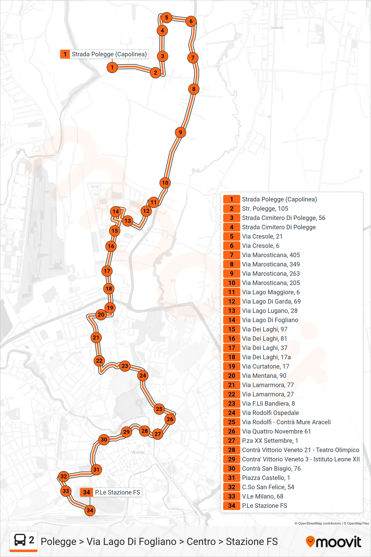 Linea 2 bus (Polegge > Via Lago Di Fogliano > Centro > Stazione FS) - Percorsi e fermate sulla mappa