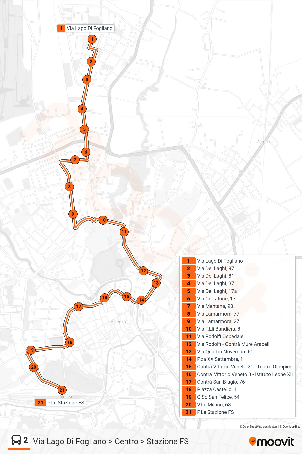 Linea 2 bus (Via Lago Di Fogliano > Centro > Stazione FS) - Percorsi e fermate sulla mappa