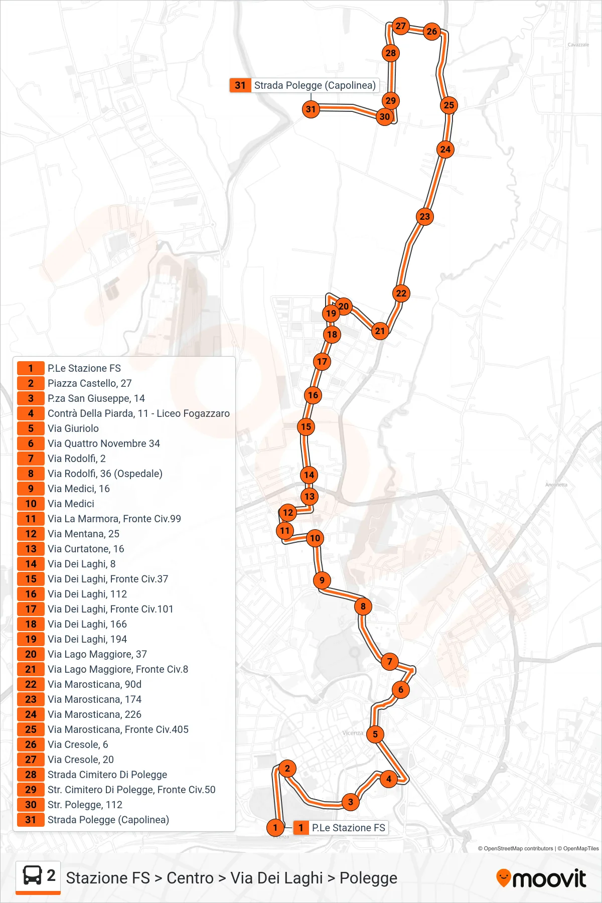 Linea 2  bus (Stazione FS > Centro > Via Dei Laghi > Polegge) - Percorsi e fermate sulla mappa