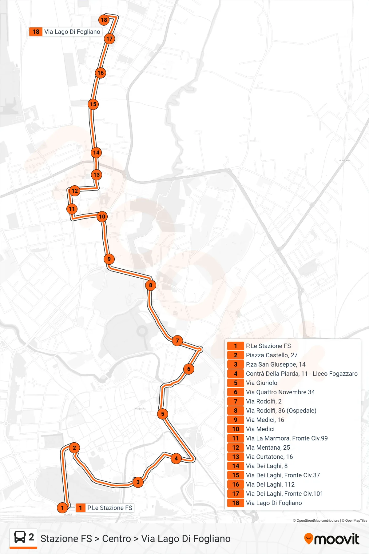Linea 2 bus (Stazione FS > Centro > Via Lago Di Fogliano) - Percorsi e fermate sulla mappa