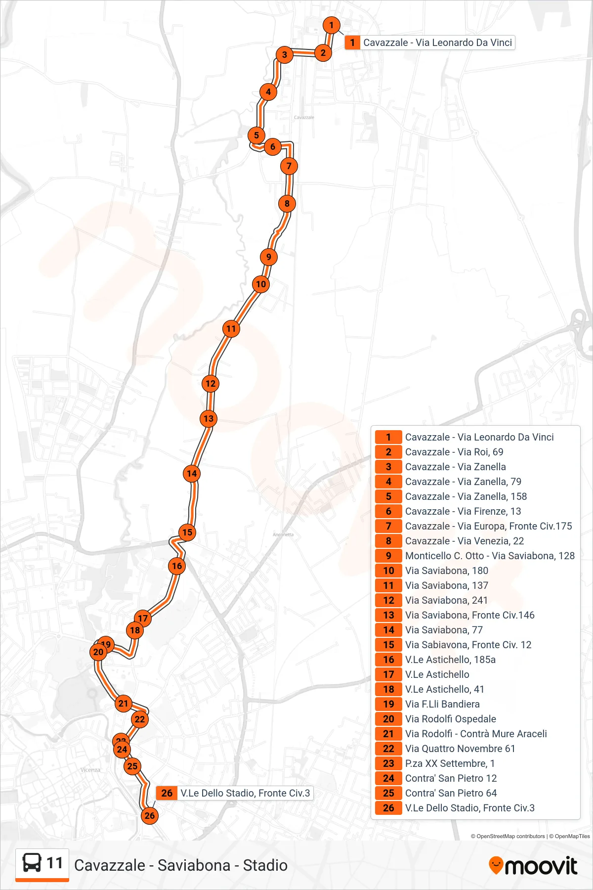 Linea 11  bus (Cavazzale > Saviabona > Vicenza Stadio) - Percorsi e fermate sulla mappa