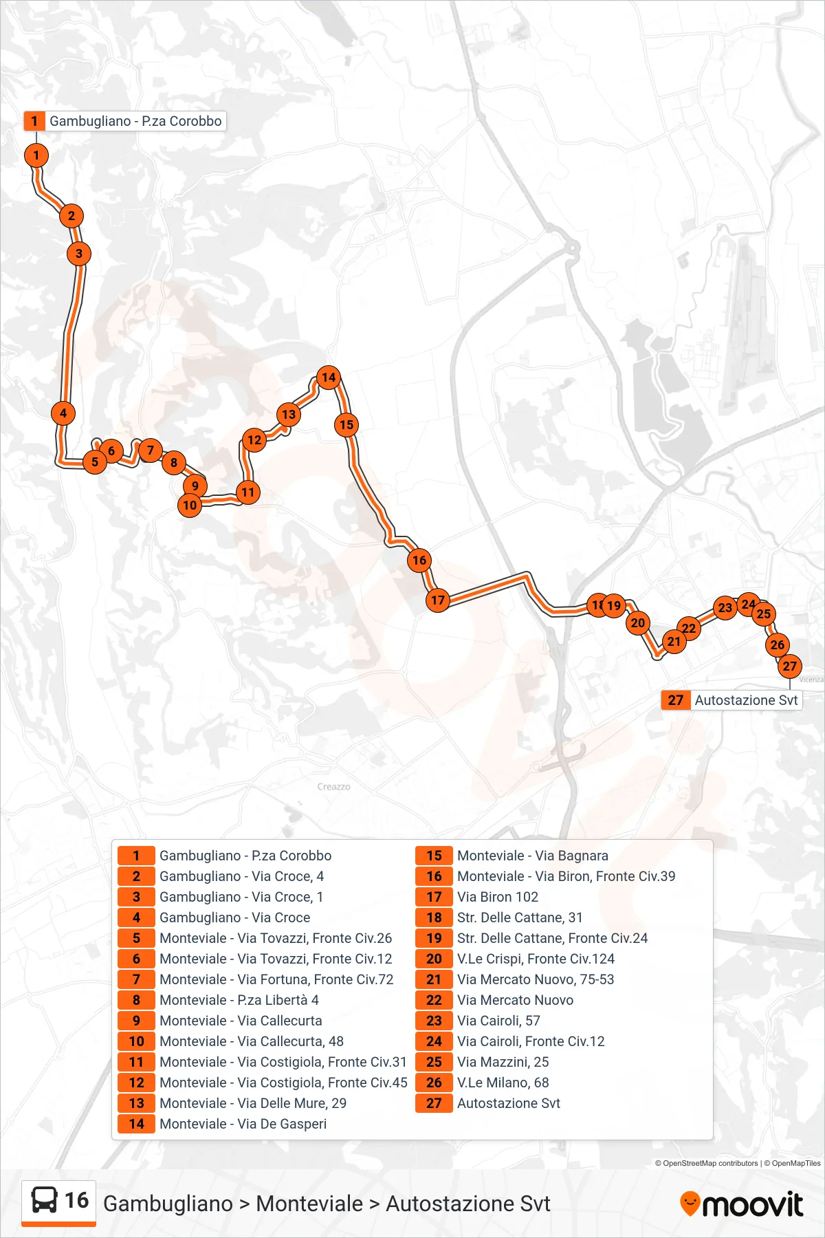 Linea 16 bus (Gambugliano > Monteviale > Autostazione Svt) - Percorsi e fermate sulla mappa