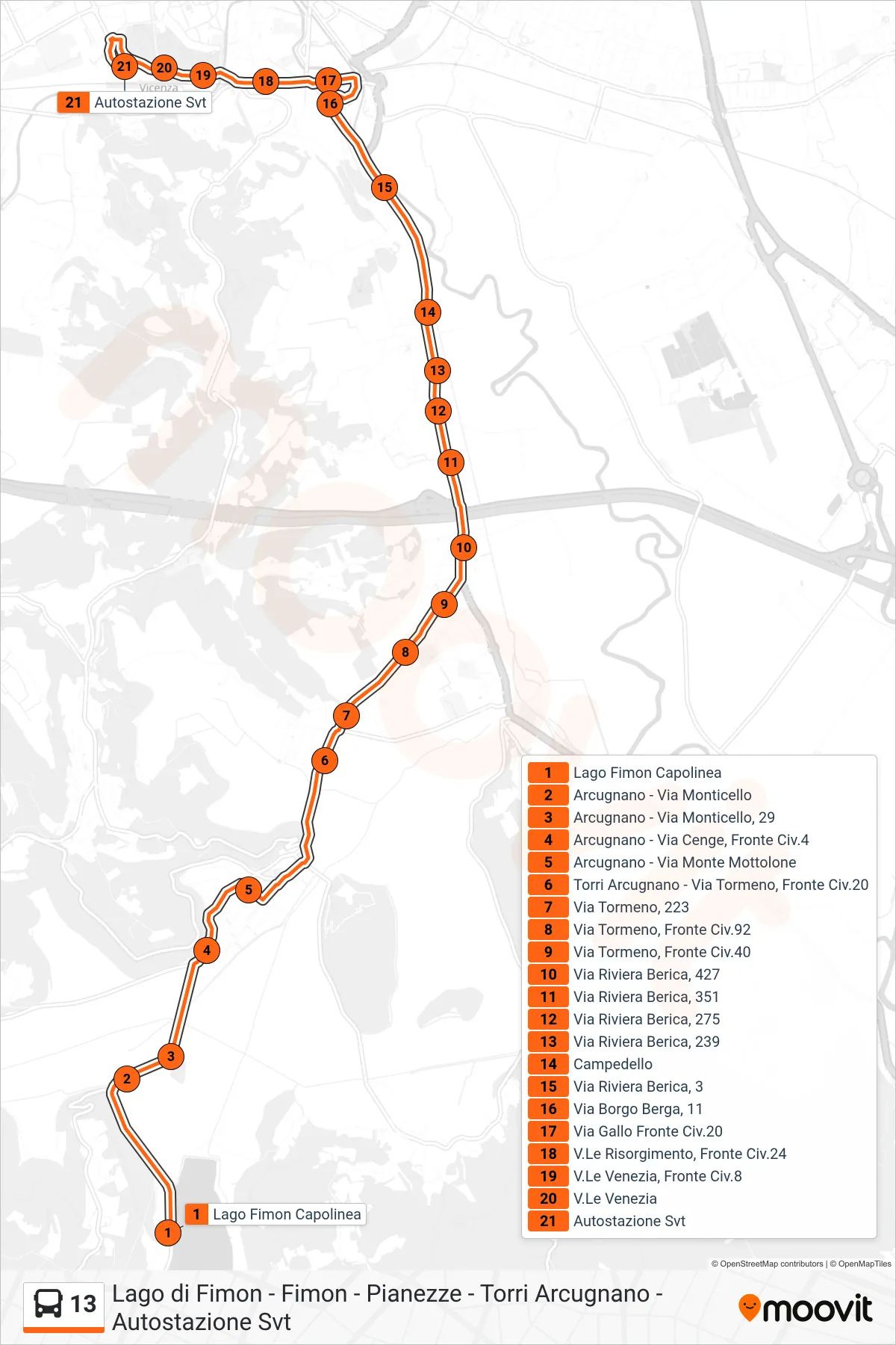 Linea 13 bus (Lago Di Fimon > Autostazione Svt) - Percorsi e fermate sulla mappa