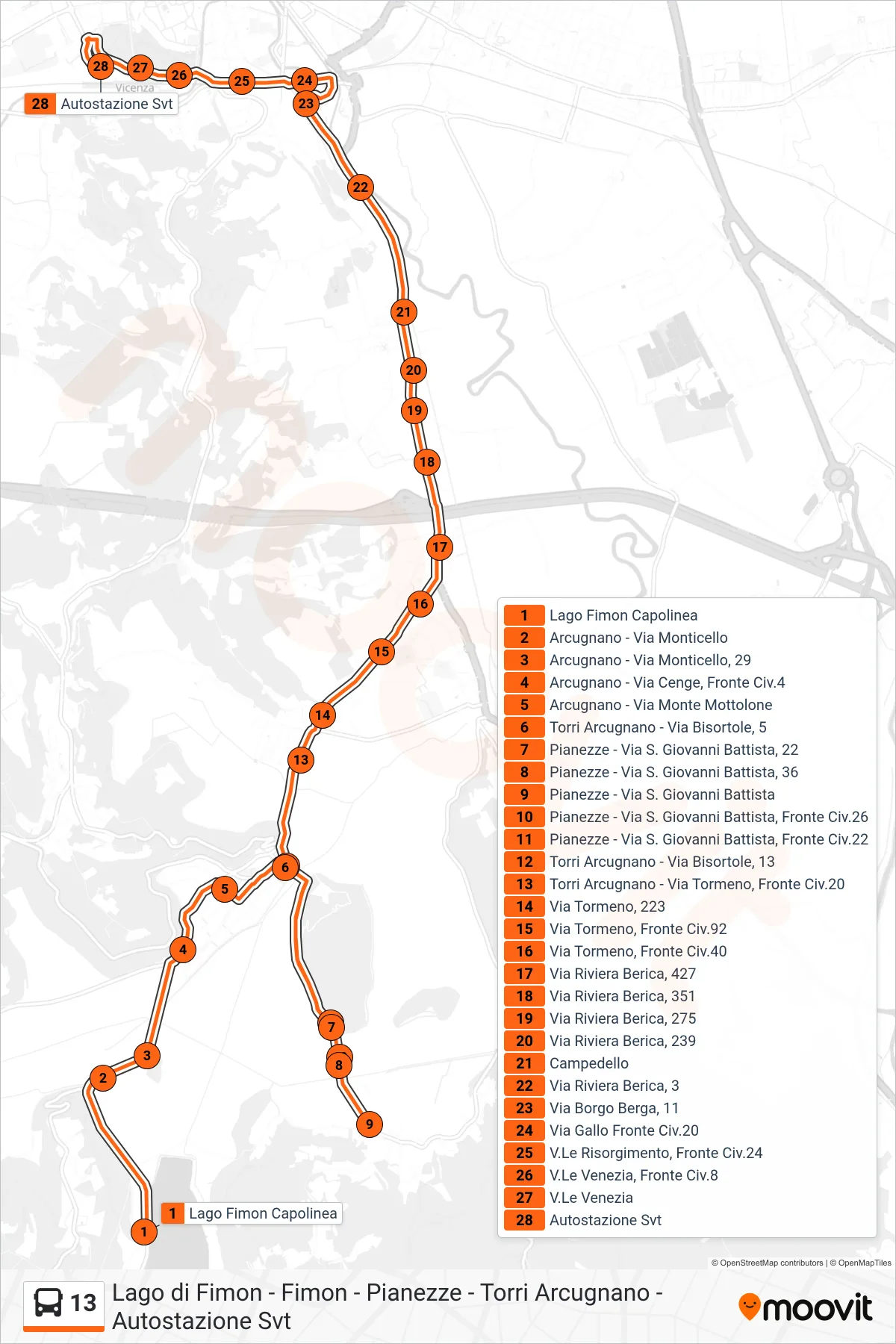 Linea 13 bus (Lago Di Fimon > Torri Arcugnano > Pianezze > Autostazione Svt) - Percorsi e fermate sulla mappa