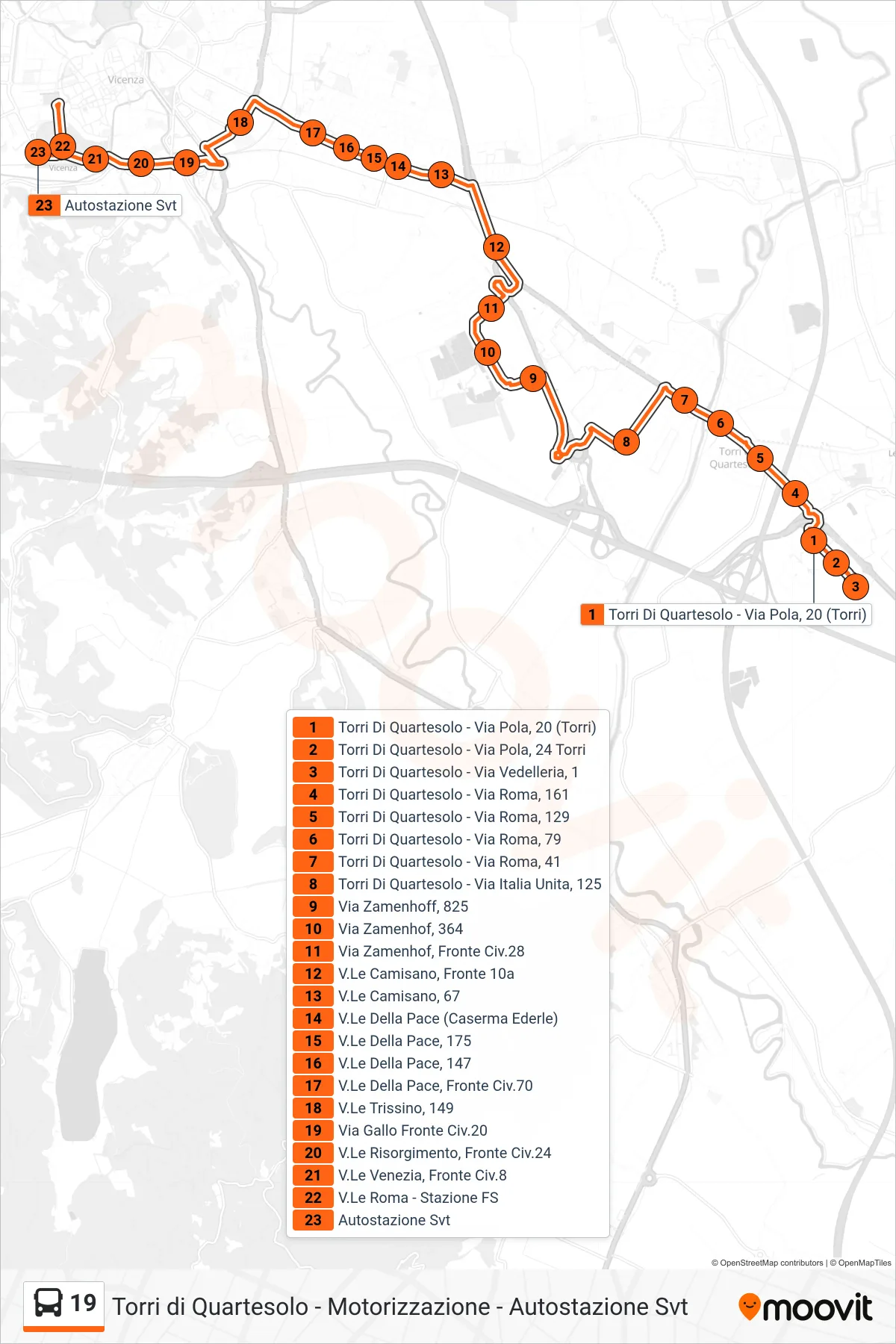 Linea 19 bus (Torri Di Quartesolo > Via Zamenhof > Autostazione Svt) - Percorsi e fermate sulla mappa