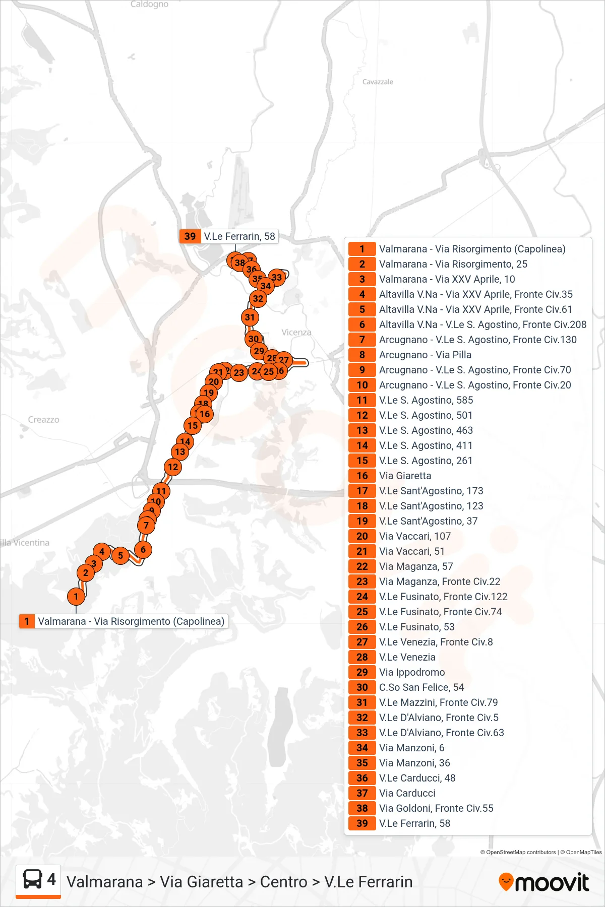 Linea 4 bus (Valmarana > Via Giaretta > Centro > V.Le Ferrarin) - Percorsi e fermate sulla mappa