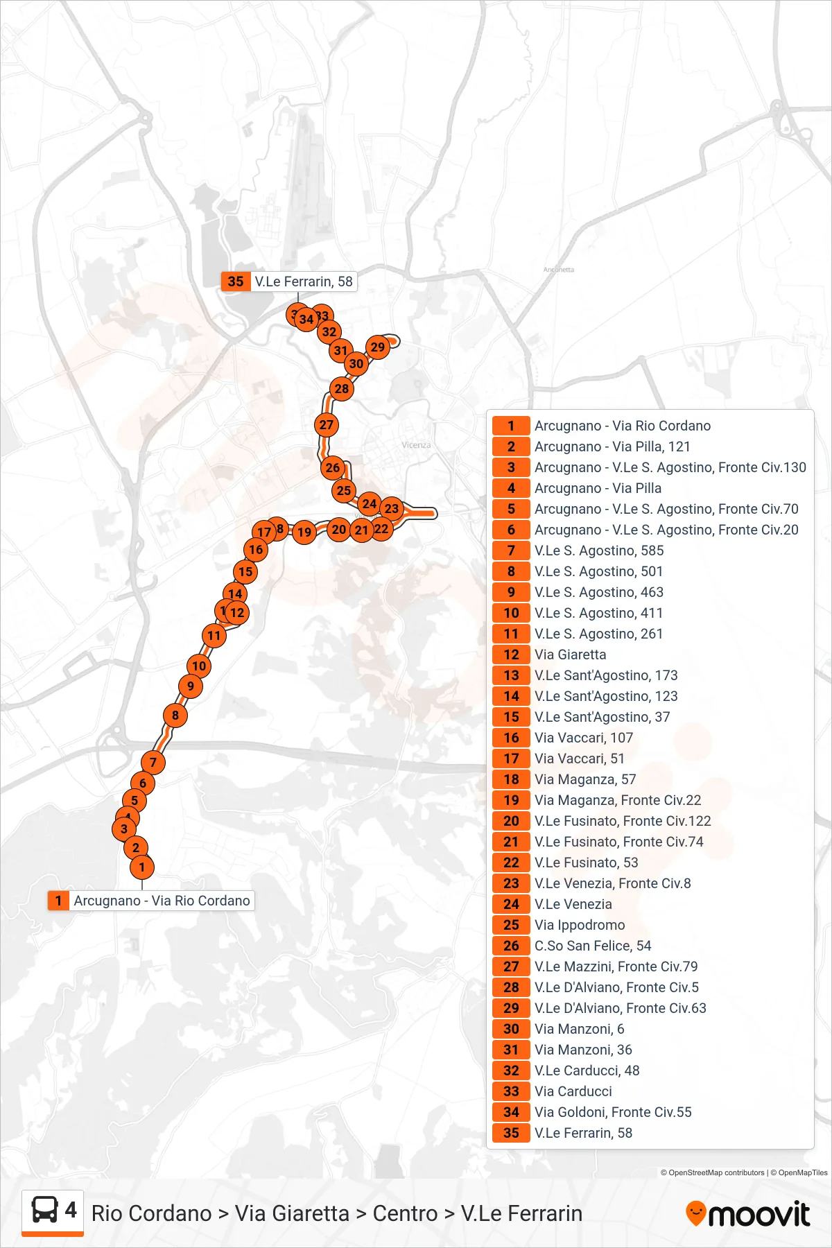 Linea 4 bus (Rio Cordano > Via Giaretta > Centro > V.Le Ferrarin) - Percorsi e fermate sulla mappa