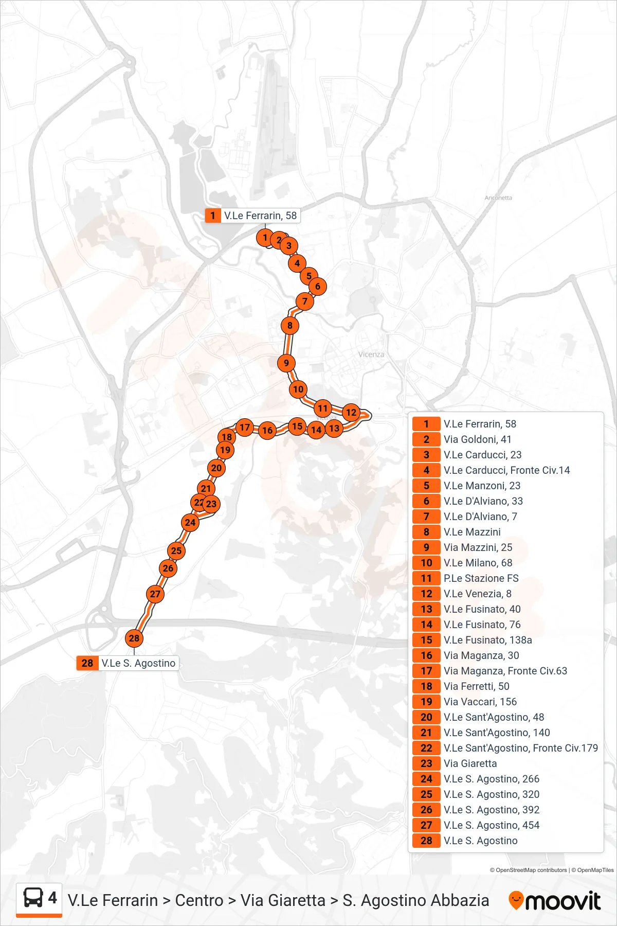 Linea 4 bus (V.Le Ferrarin > Centro > Via Giaretta > S. Agostino Abbazia) - Percorsi e fermate sulla mappa
