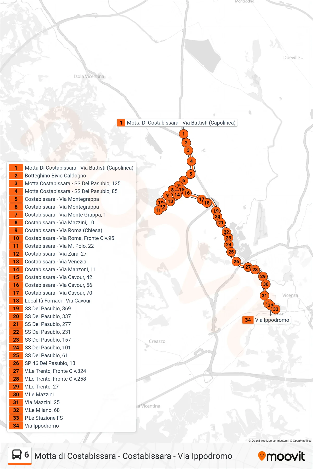 Linea 6 bus (Motta Di Costabissara > Costabissara > Via Ippodromo) - Percorsi e fermate sulla mappa