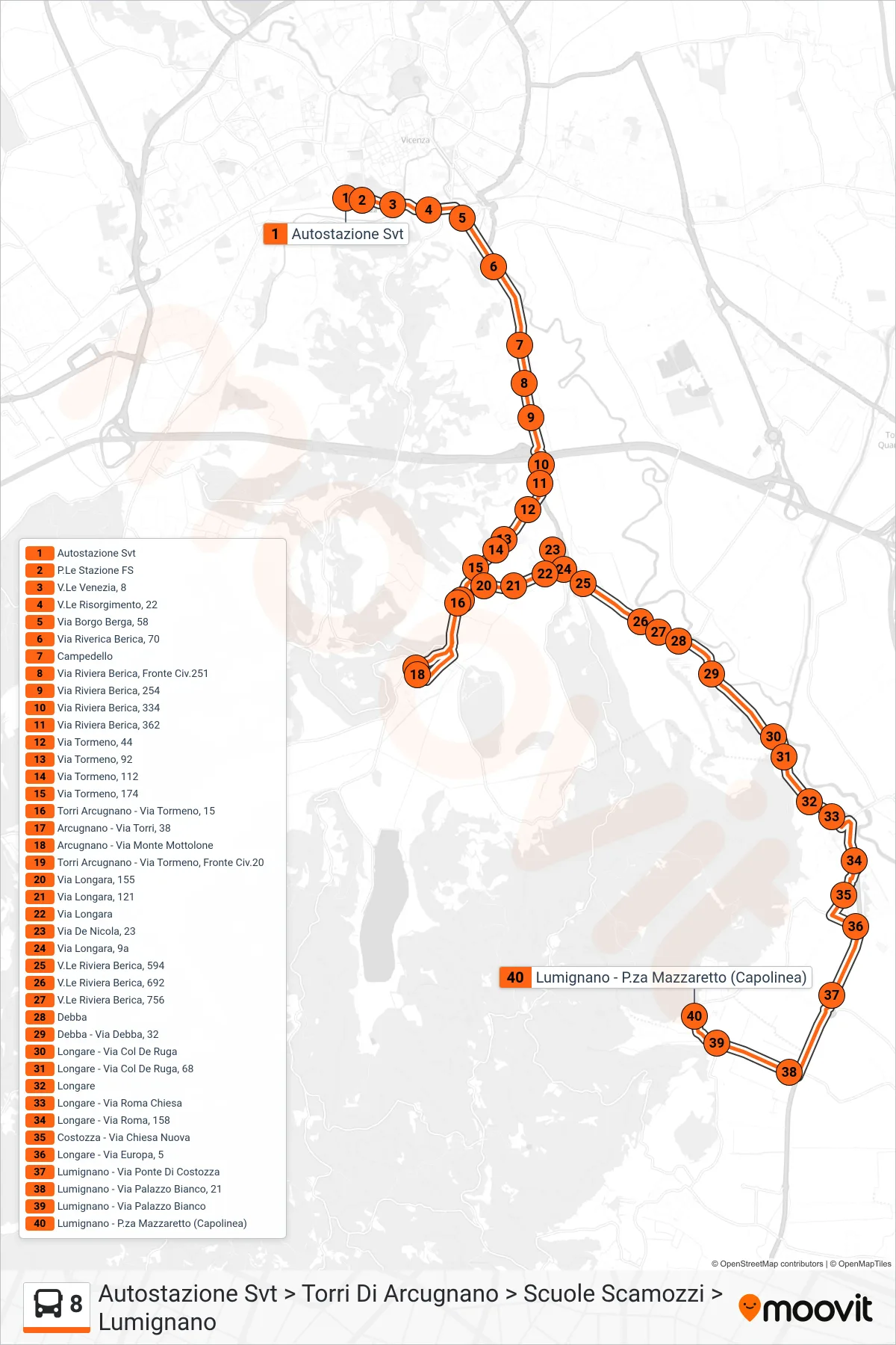 Linea 8 bus (Autostazione Svt > Torri Di Arcugnano > Scuole Scamozzi > Lumignano) - Percorsi e fermate sulla mappa